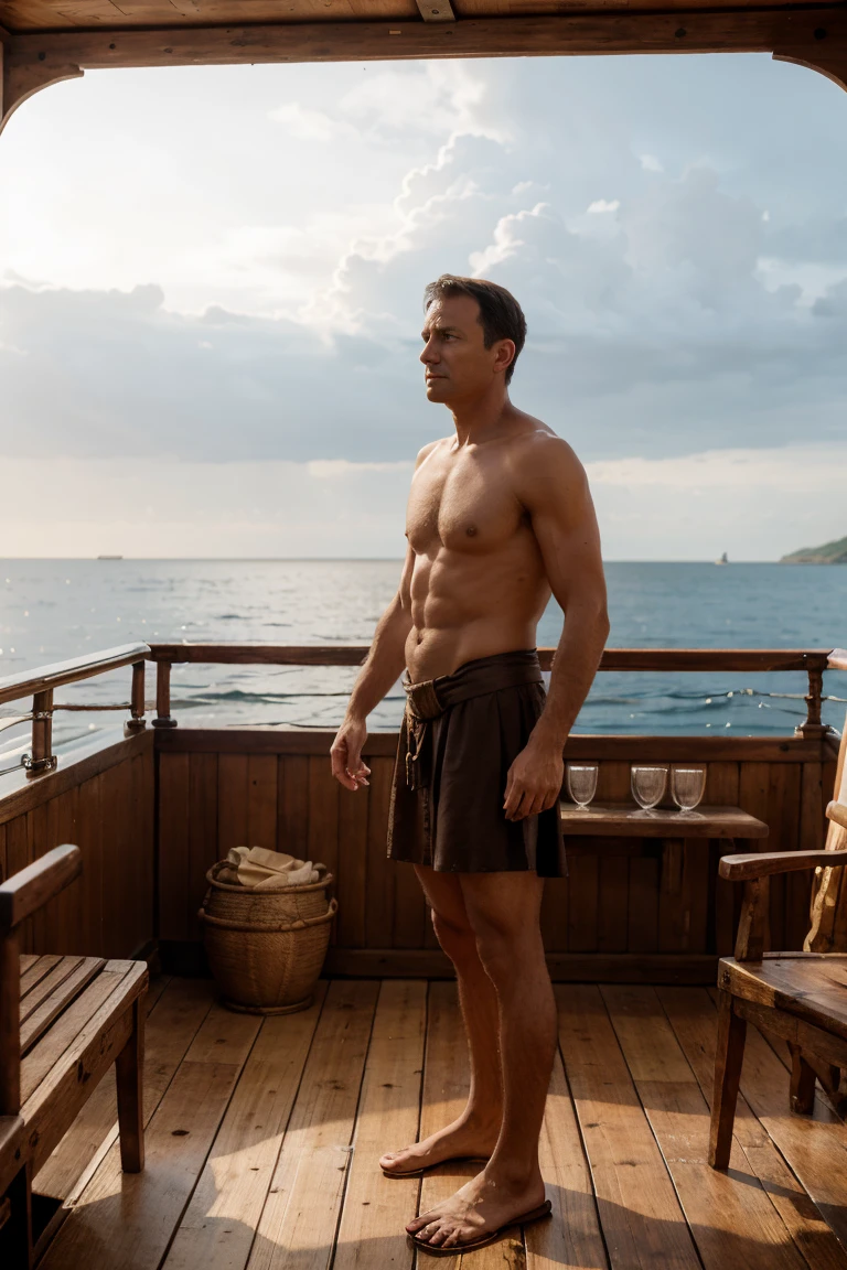 Julius Caesar standing on the wooden deck of an ancient Roman galley