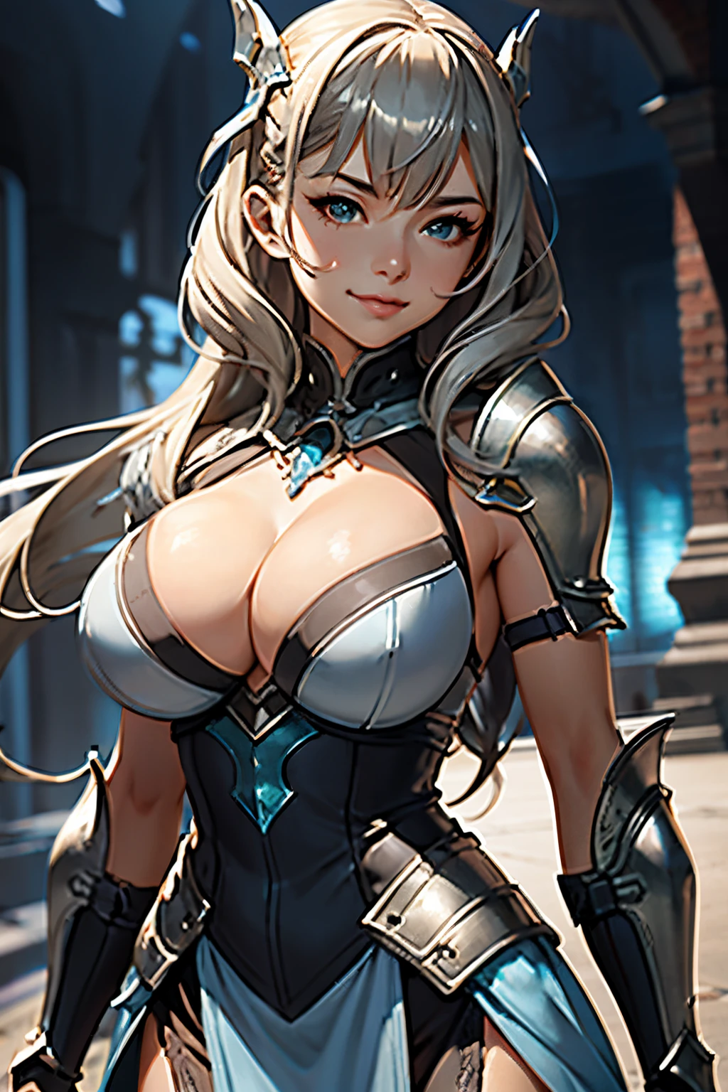 close up shot of a woman in a silver and blue dress, silver armor, large breasts, cleavage, chengwei pan on artstation, by Yang J, detailed fantasy art, stunning character art, smile