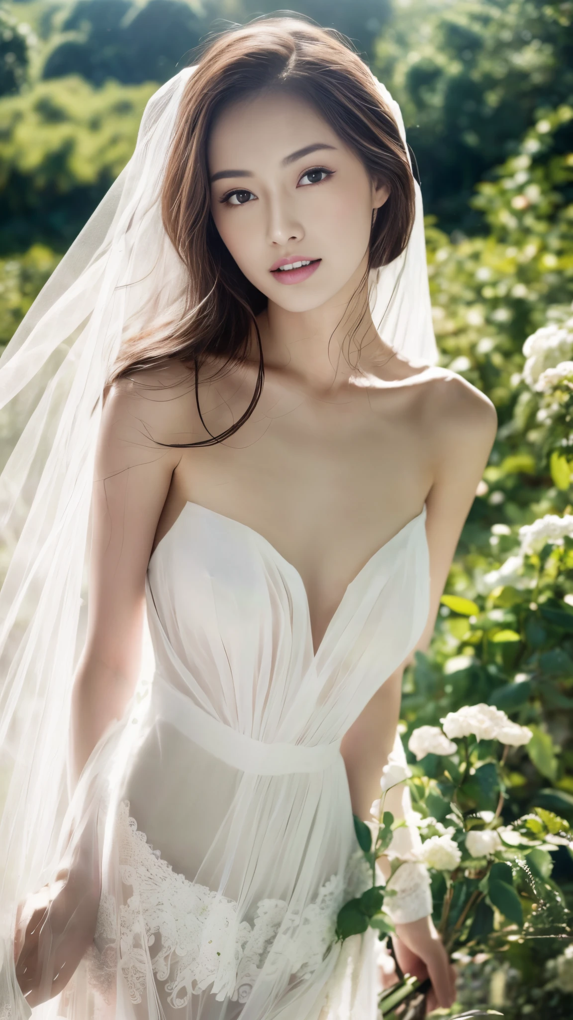 Fashion model 18 years old [[[[closeup cleavage]]]], [[[[boobgasm]]]], [[[[coll]]]], [[[[bshoulders]]]], perfect  eyes, Perfect iris，Perfect lips，perfect teeth，Perfect skin，Long face，slender nose，with fair skin，Soft front light，hdr，Movie girl，Casual，long whitr hair，Long hair with a shawl，The background is outdoors，Green trees and flowers（pastel colour：1.2）