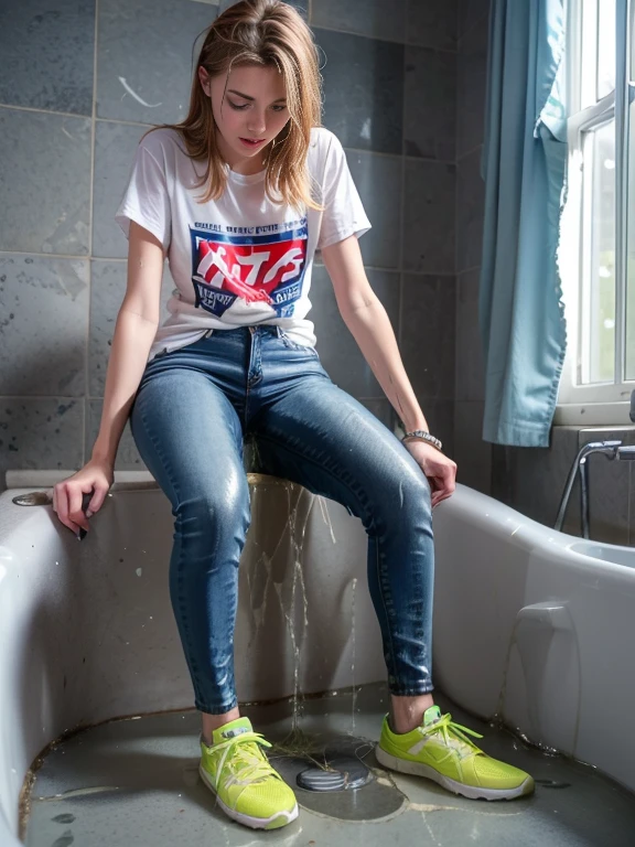 (two attractive women bathing in white skinny jeans and t-shirts and sneakers), (((white skinny jeans))), soaked, wet clothes, dripping wet, submerged in water, extra large bathtub, clean water, clear water, (one woman facing away from viewer), ((show jeans ass)), ((show sneakers)), pee, peeing self, wetting,  (((very bright lighting))), lit from beneath, (((peeing on each other's lap)))