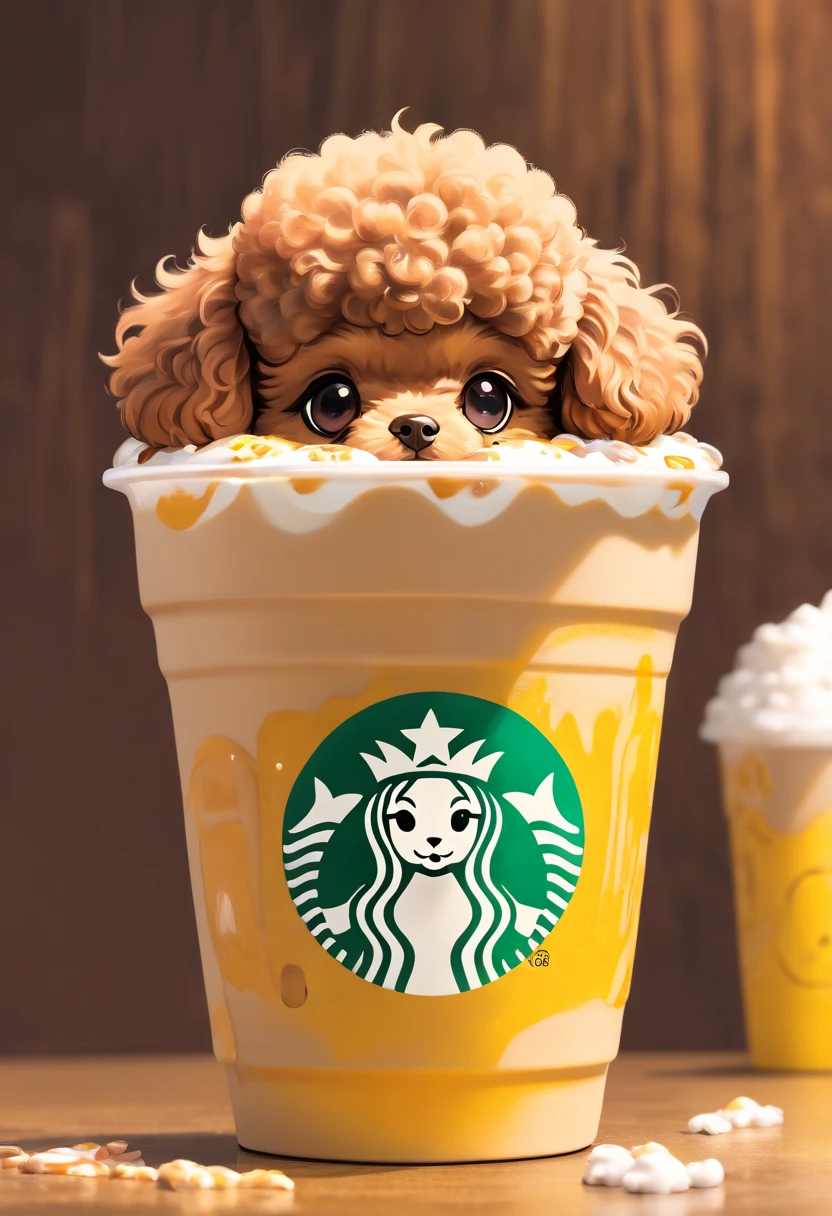 Unique, Playful cartoon style toy poodle shaped cup, Colorful Starbucks-style frappuccino, Toy Poodle Logo.