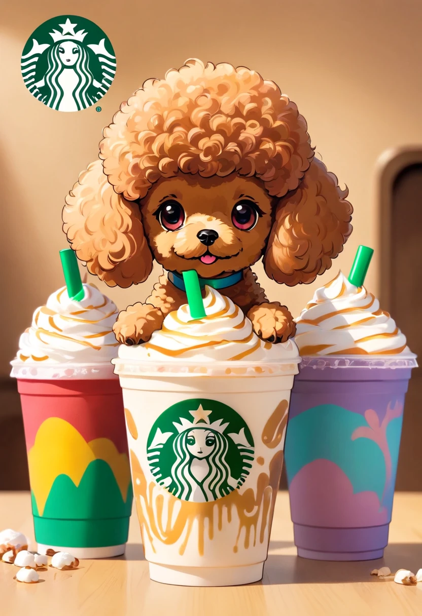 Unique, Playful cartoon style toy poodle shaped cup, Colorful Starbucks-style frappuccino, Toy Poodle Logo.