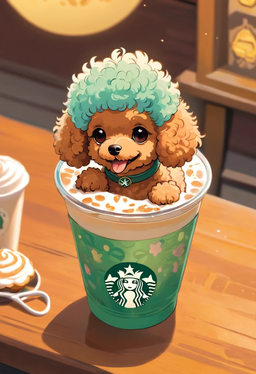 Unique, Playful cartoon style toy poodle shaped cup, Colorful Starbucks-style frappuccino, Toy Poodle Logo.