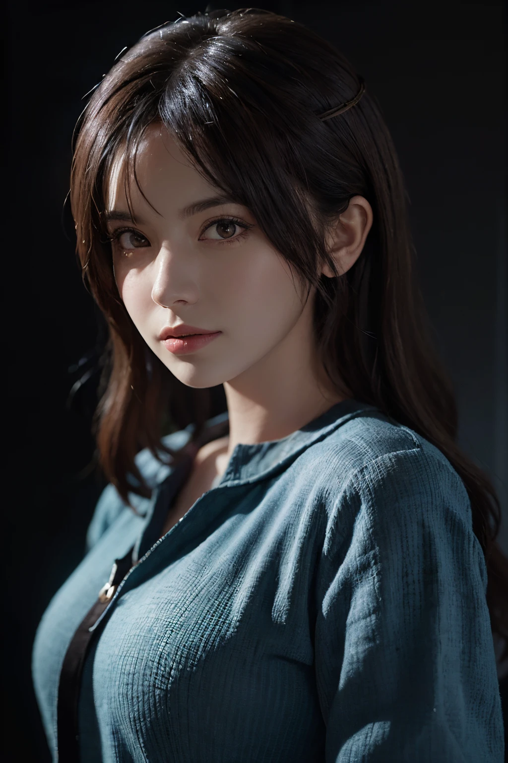 (Front Focus), (In the Dark:1.6), Hyperrealist Female Portrait by David Hockney and Alphonse Mucha, Fantasy art, Photorealistic, Dynamic Lighting, Art Station, Poster, Volumetric lighting, Highly detailed face, 4k yen, Awards, One girl, In the Dark, Deep Shadow, Modest, Cowboy Shot, (Official attire:1.4), Long Hair,