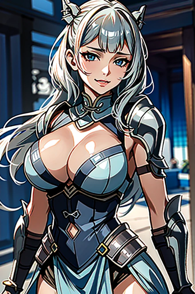close up shot of a woman in a silver and blue dress, silver armor, large breasts, cleavage, chengwei pan on artstation, by Yang J, detailed fantasy art, stunning character art, smile