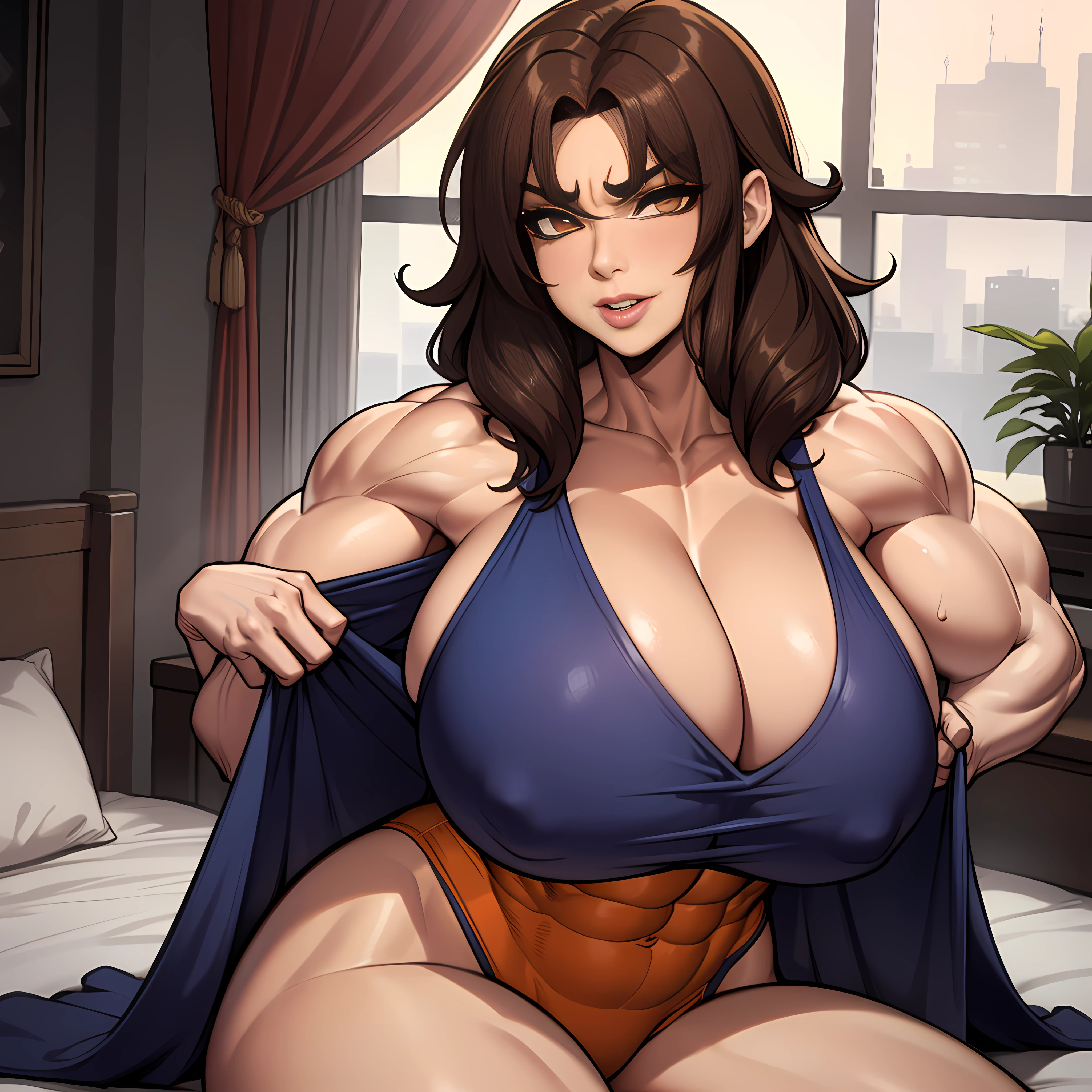 very thicc mommy wearing sexy blue low cut dress with sultry look on her face, has brown hair, has orange eyes, wearing fur lined robe, ((((huge muscles))))