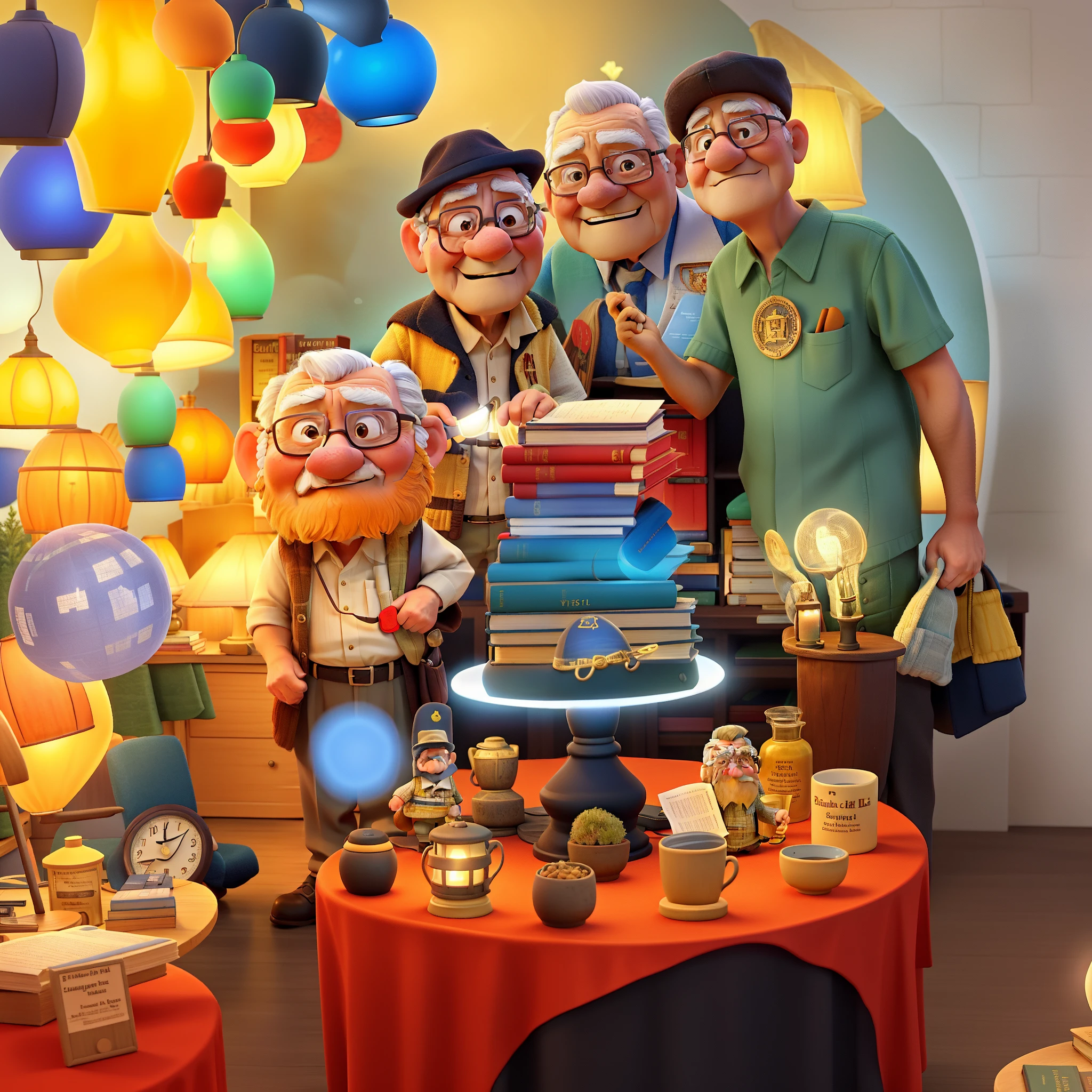 A wise old man standing in front, illuminated by the light of a lamp, against the backdrop of a library