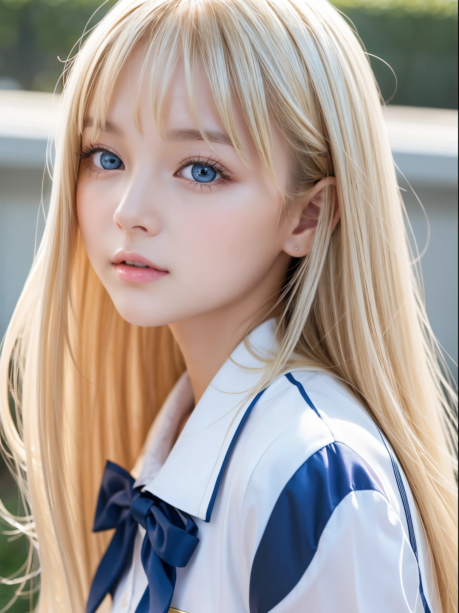 White shiny beautiful skin、Blonde hair color changing with light、Long bangs block the view、Highlights of cheek luster、 and very beautiful nice cute gorgeous face、The most beautiful face in the world、Super Long Gorgeous Spare Blonde Hair、Smooth straight hair、Big, Very beautiful light blue eyes that shine、Very big eyes、de pele branca、glowy skin、cheek gloss highlight、Gloss Face、Small face beauty、with round face、Beautiful bangs、Beautiful cute girl at 16 years old、School Uniforms、