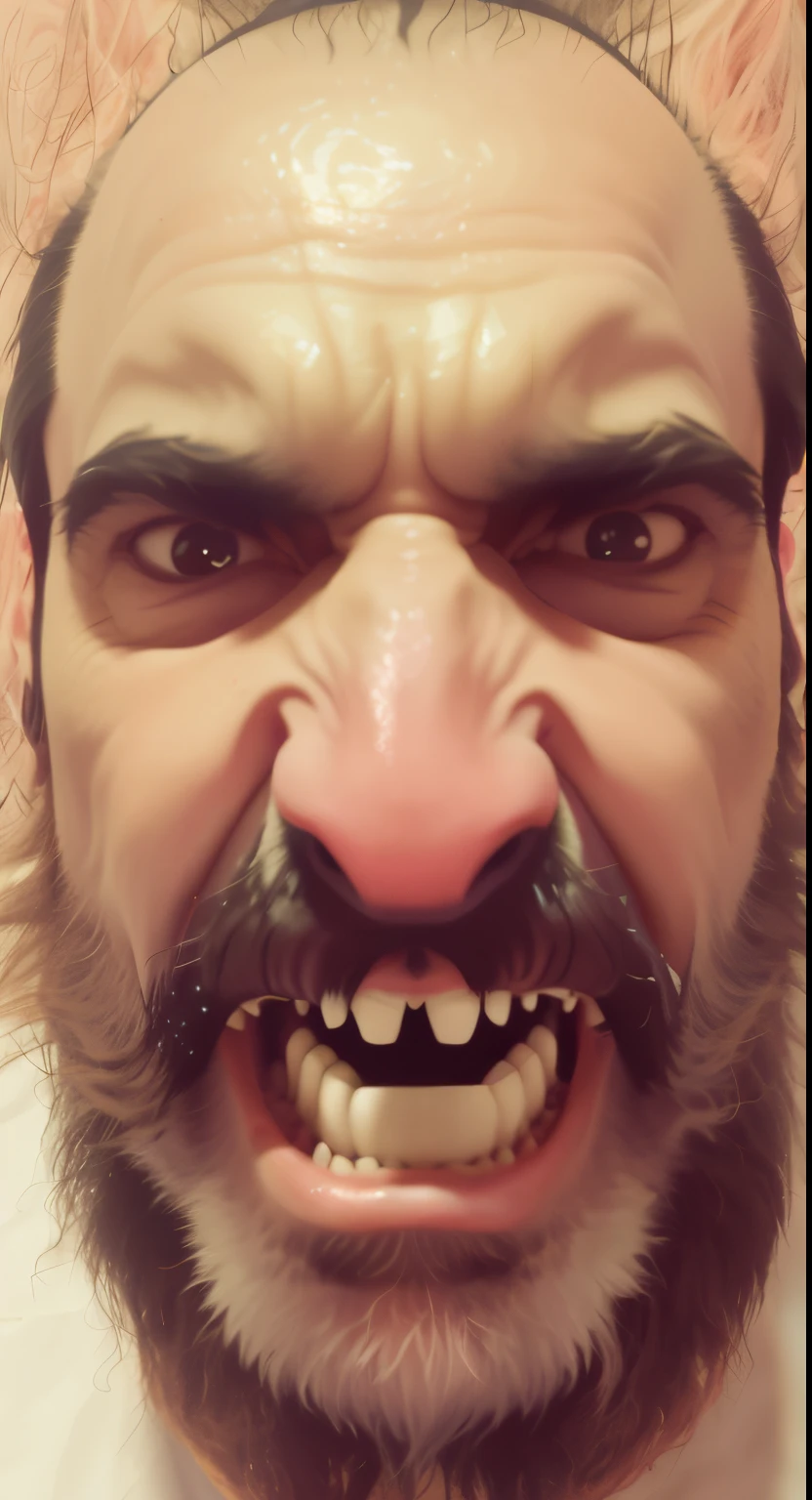 Lobisomem com muito pelos na face dentes pontiagudos. Dentes caninos. Dentes afiados. Boca com sangue. Salivando