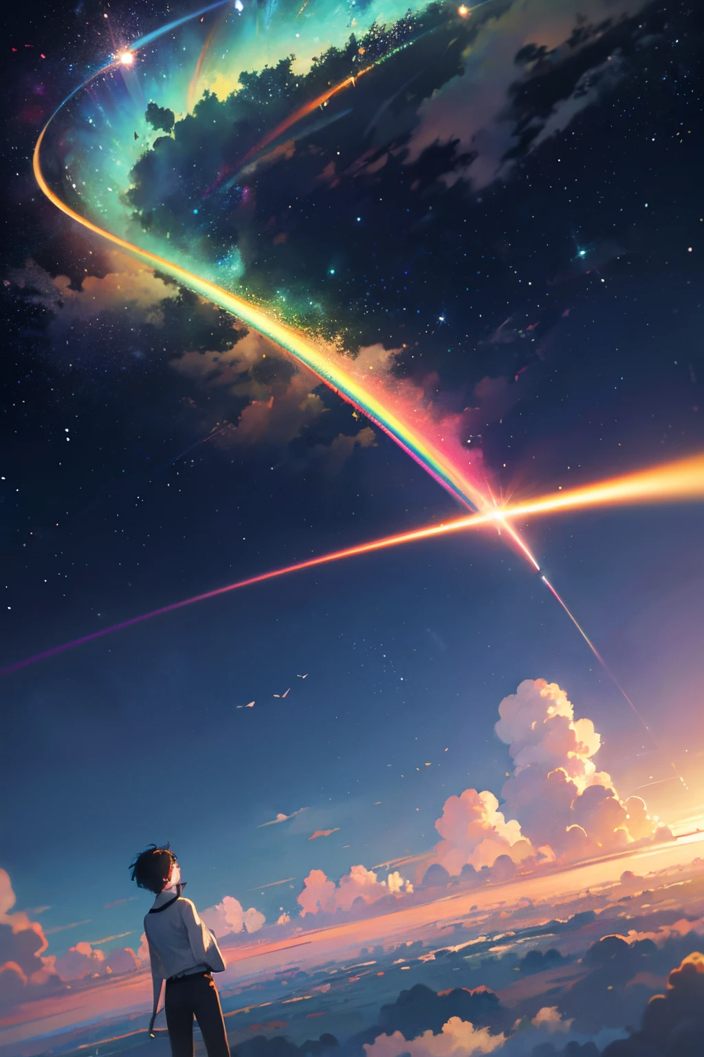 Create exquisite illustrations reminiscent of Makoto Shinkai's style, It has ultra-fine details and top-notch quality. Create a mesmerizing illustration where the entire expanse of the sky transforms into the colors of the rainbow. Picture a scene where a boy or girl gazes up at this breathtaking display of a sky painted in all seven hues of the rainbow. The vibrant colors should envelop the entire sky, creating a surreal and enchanting atmosphere. Enhance the nostalgic feel by incorporating subtle details that evoke a sense of timeless beauty. The overall composition should transport viewers to a dreamlike world where the celestial canvas is a radiant spectrum of nostalgia and fantasy.