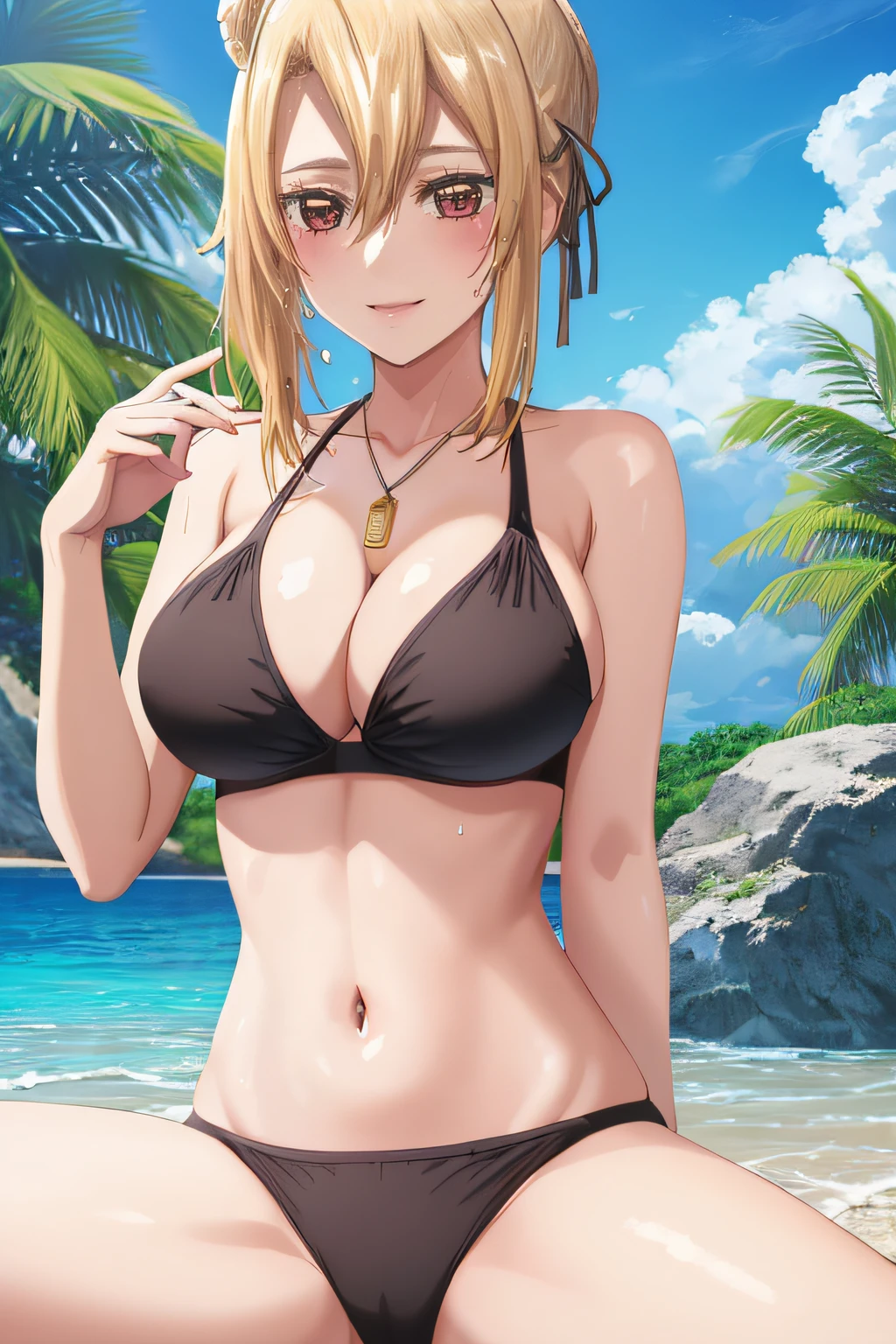 ((masterpiece, best quality, high quality, highres,))
outdoors, beach,
partially submerged, wet clothes, wet,
looking away, smile, sitting
AngelicaV1, black bikini , blush, spread legs, lover