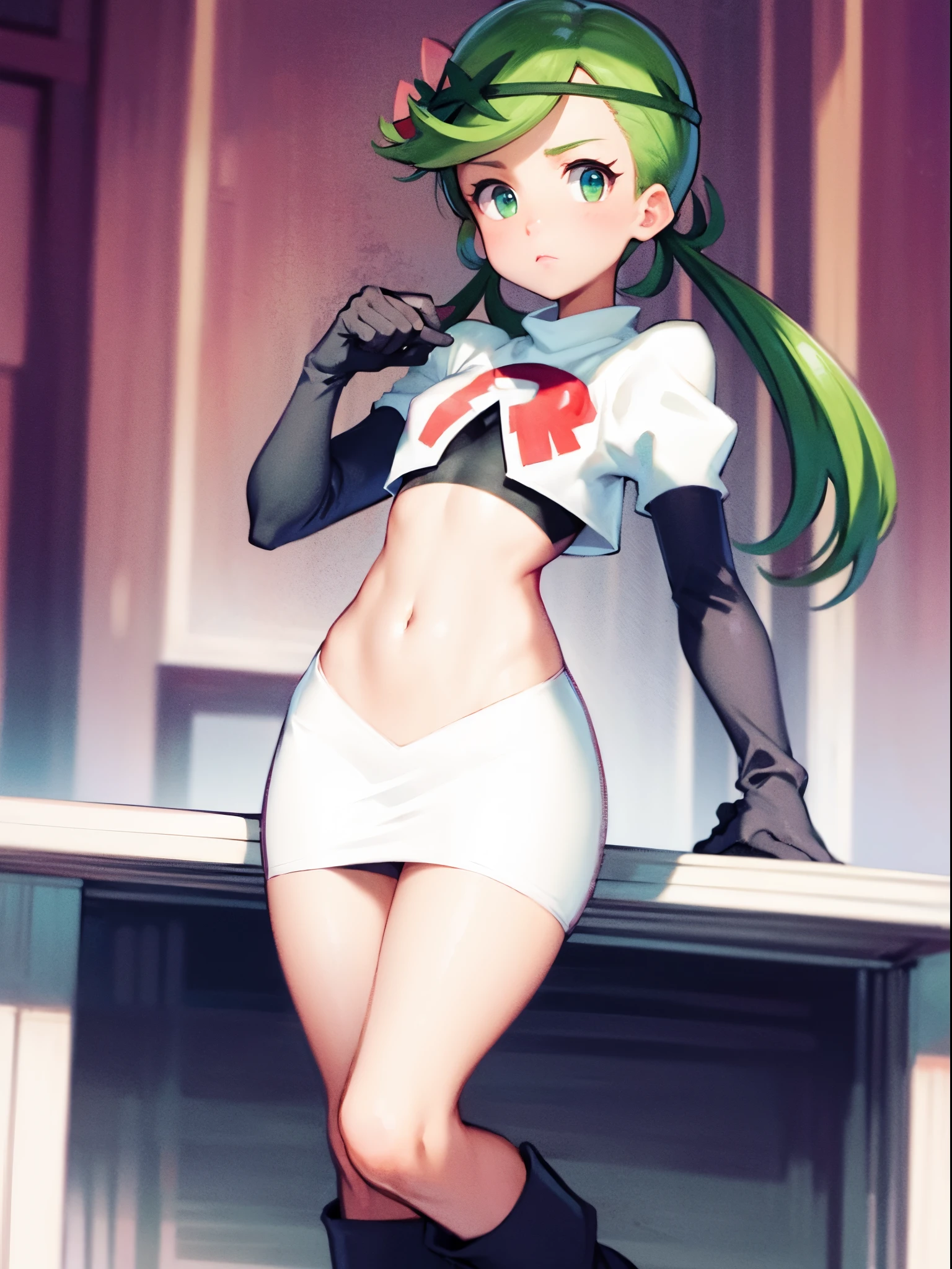 zodiac_mallow, lovely small breasts, solo, green hair, dark skin, twin tails, pink flower in hair,team rocket,team rocket uniform,white skirt,crop top,black thigh-high boots,black elbow gloves,