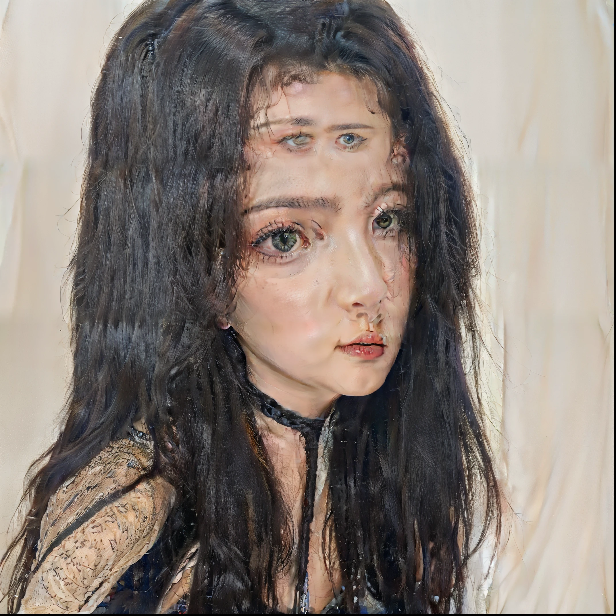 um close up de uma mulher com longos cabelos pretos usando um estrangulamento, Ulzzang, cabelos pretos e olhos grandes, She has black hair, cruel korean goth girl, com cabelos pretos, com cabelos longos e olhos penetrantes, menina com cabelo preto, 18 anos, cabelos pretos, dilraba dilmurat, menina coreana, cabelo preto escuro