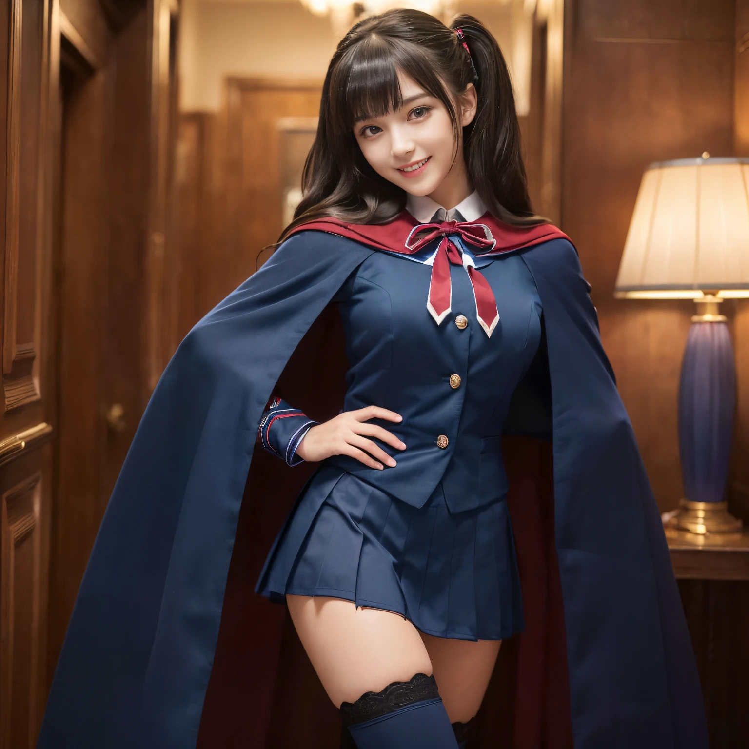 ((top-quality、masutepiece、8K、Top image quality、Very complex and detailed details))、((1 high school girl、dark blue cloth cape、bordeaux ribbon、dark blue cape、piping、blouse、European school uniform style))、bulging chest、shoot from her lap、Smiling face at the camera、Twintails with wavy、standing in a luxury hotel