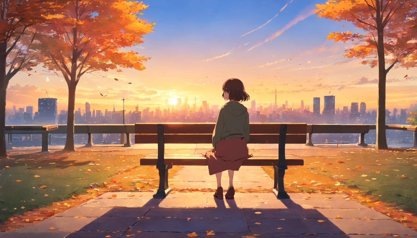 Fall Colors, Girl sitting at bench in a park, Hair Blowing in wind, sunset, city view behind park, the park is decorated for Thanksgiving