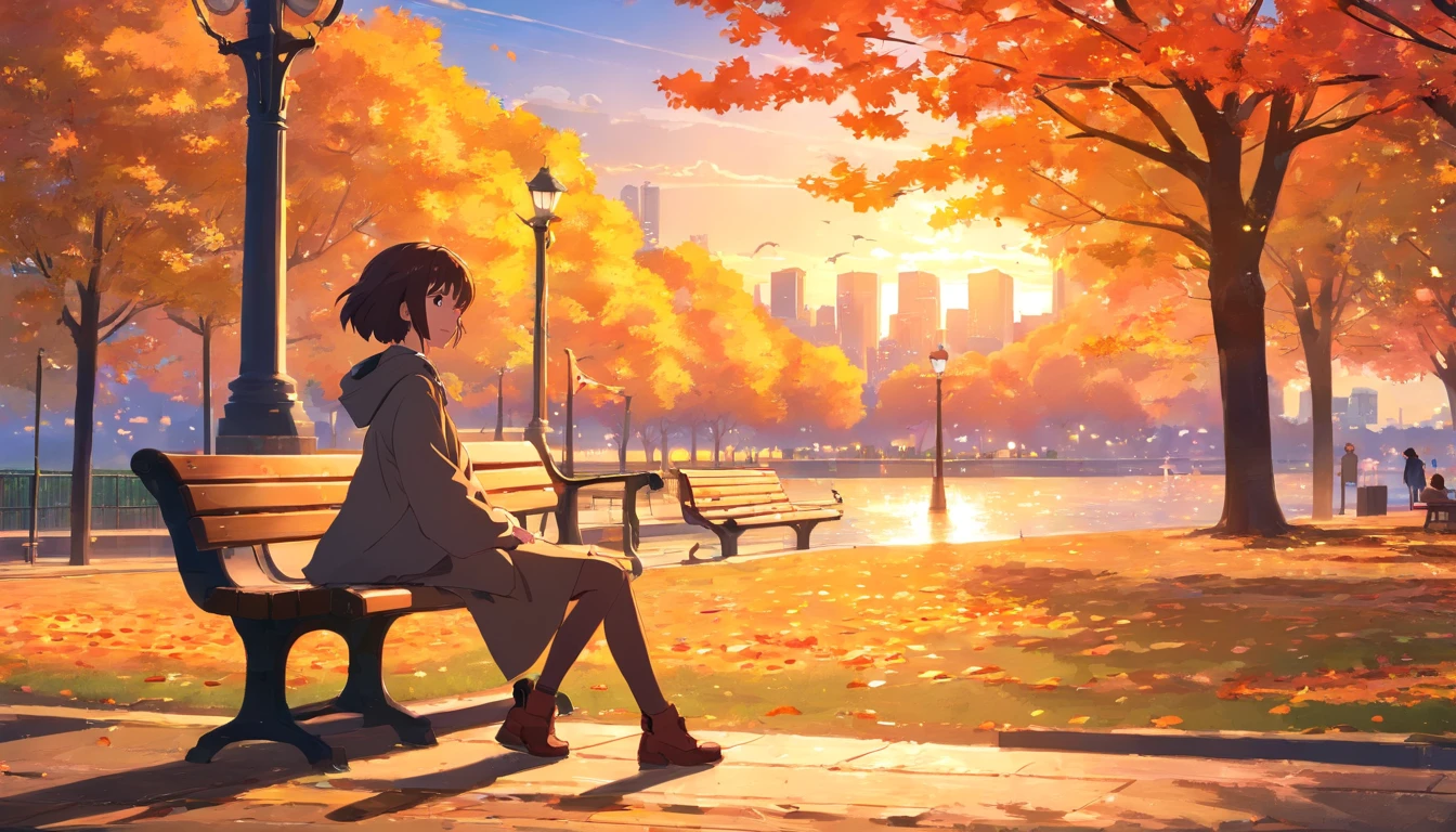Fall Colors, Girl sitting at bench in a park, Hair Blowing in wind, sunset, city view behind park, the park is decorated for Thanksgiving