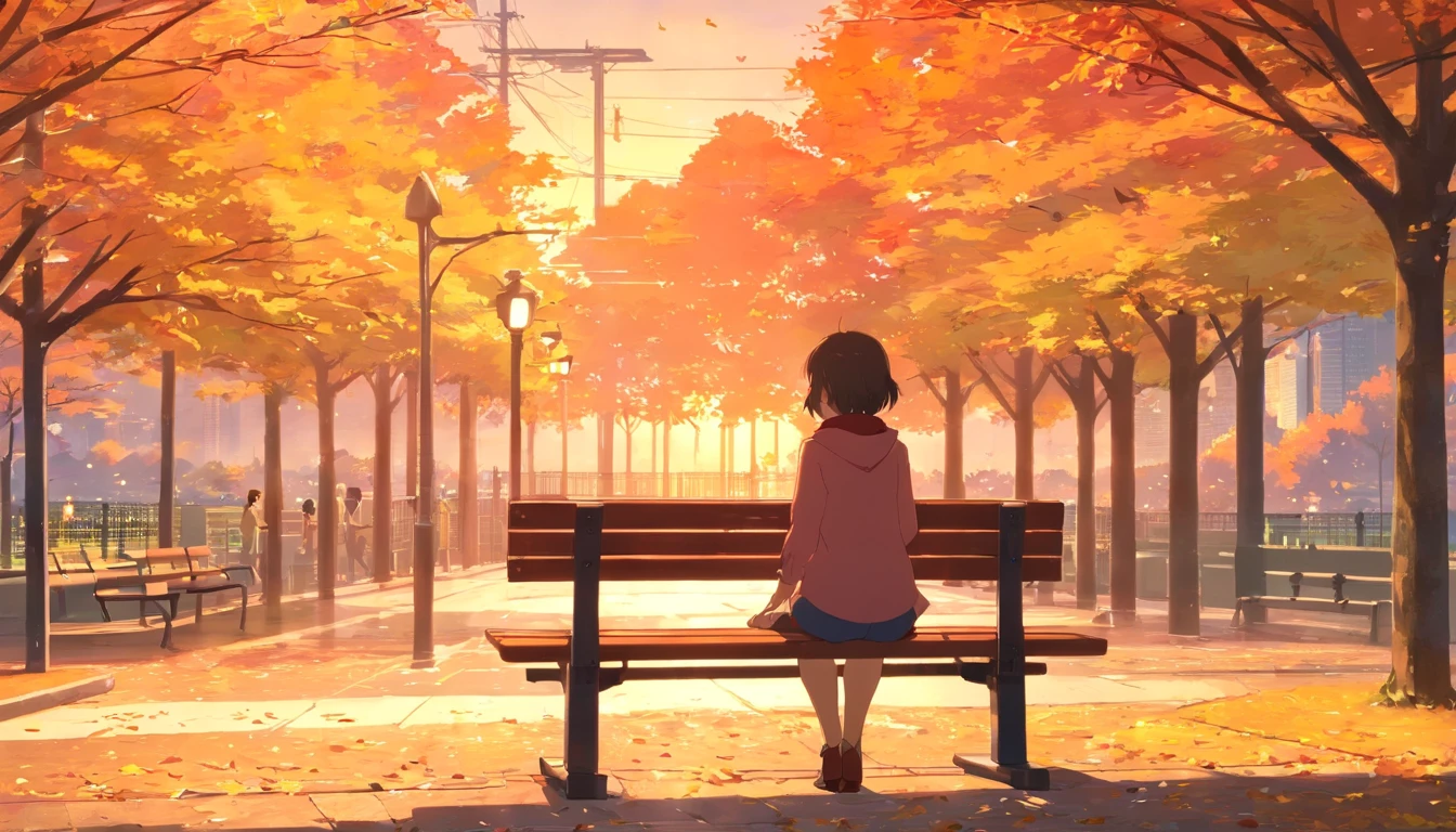 Fall Colors, Girl sitting at bench in a park, Hair Blowing in wind, sunset, city view behind park, the park is decorated for Thanksgiving