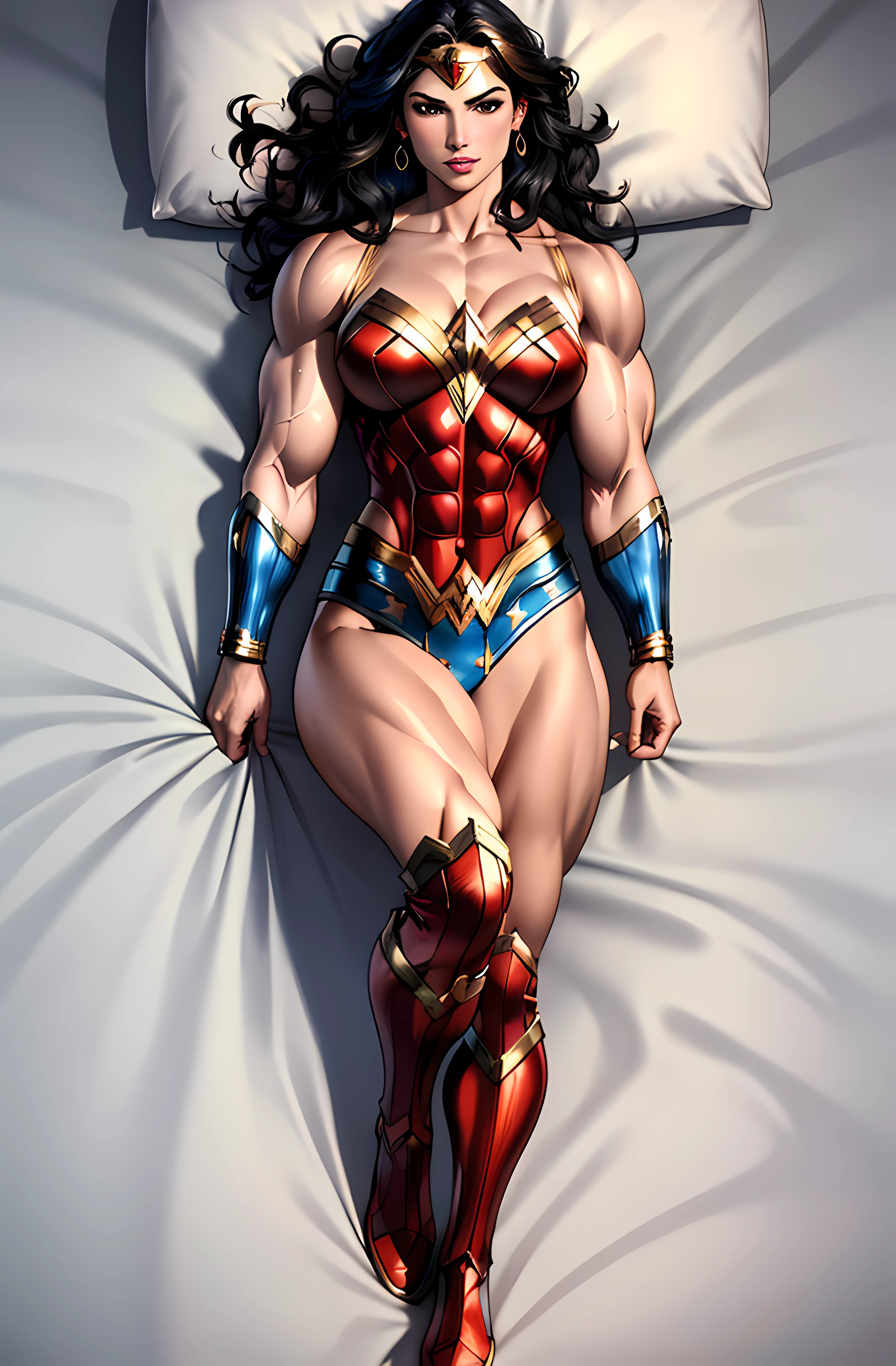 ( Masterpiece, 4k resolution, ultra-realistic, very detailed) Wonder Woman full body in the style of realism, glistening skin, , natural lighting, Defined full lips. fitness feminine body. portrait photography by artgerm, in the style of realism, glistening skin, , natural lighting, Defined full lips. Muscular fitness feminine body,  (Dakimakura) (on bed), ((((huge muscles))))