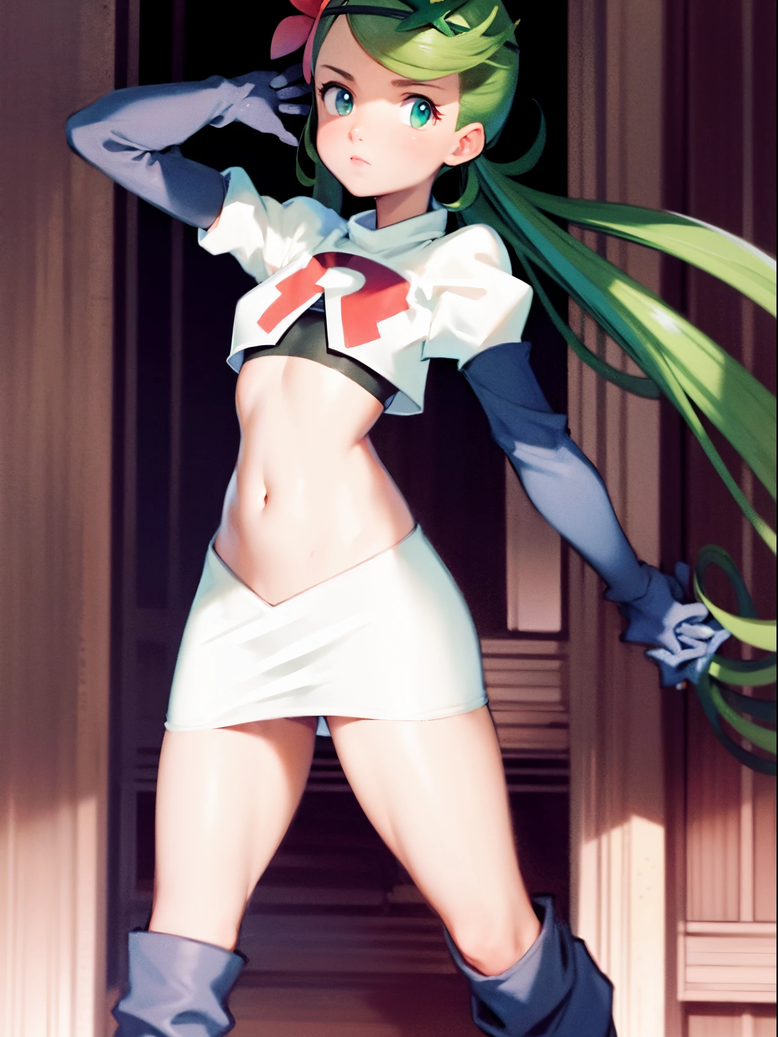 zodiac_mallow, lovely small breasts, solo, green hair, dark skin, twin tails, pink flower in hair,team rocket,team rocket uniform,white skirt,crop top,black thigh-high boots,black elbow gloves,