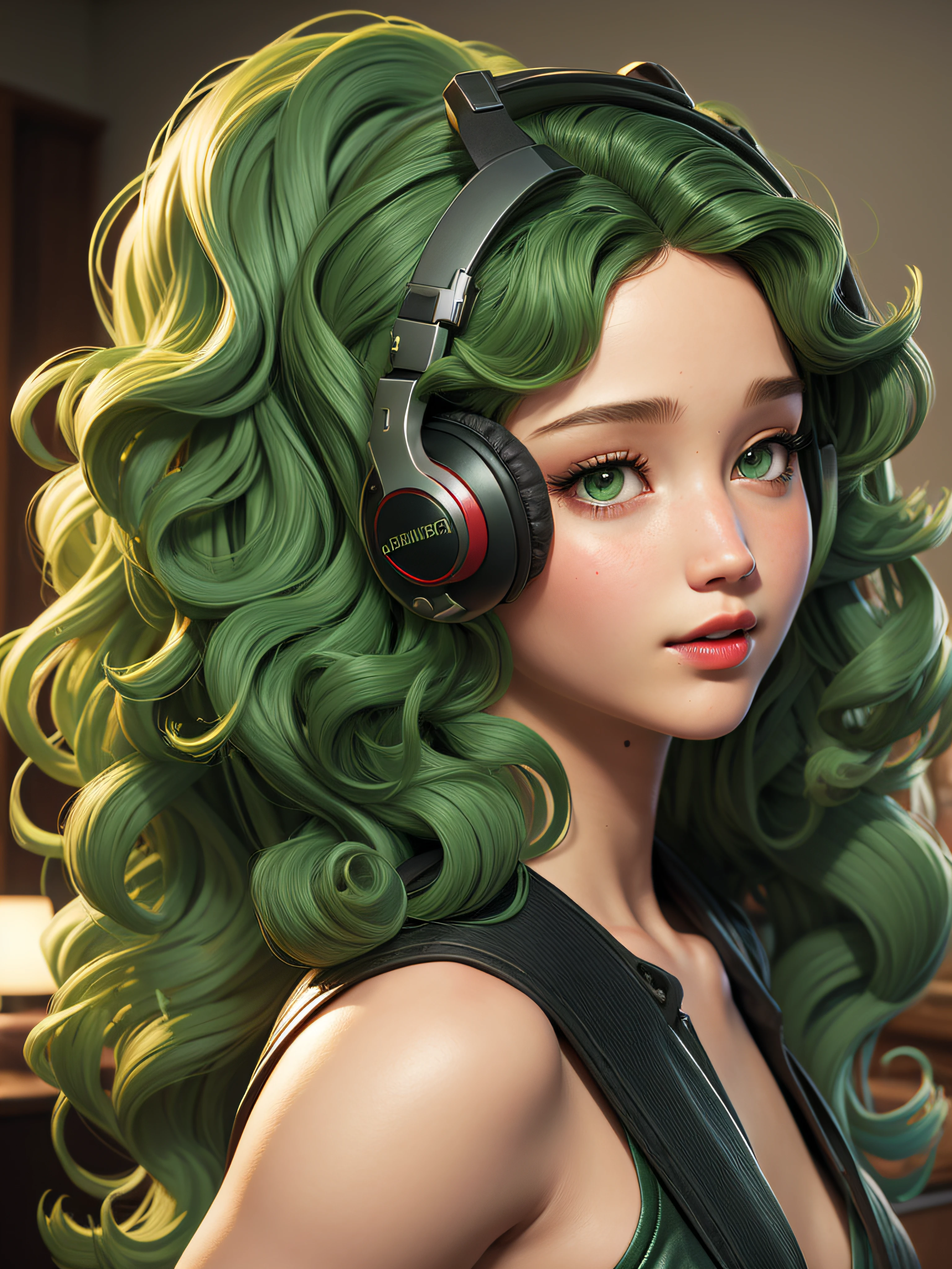 young girl, 16 years (Jennifer Lawrence :1.1) red lips, green eyes, listen to music, headphones, long curly hair, Art by Ray Shark