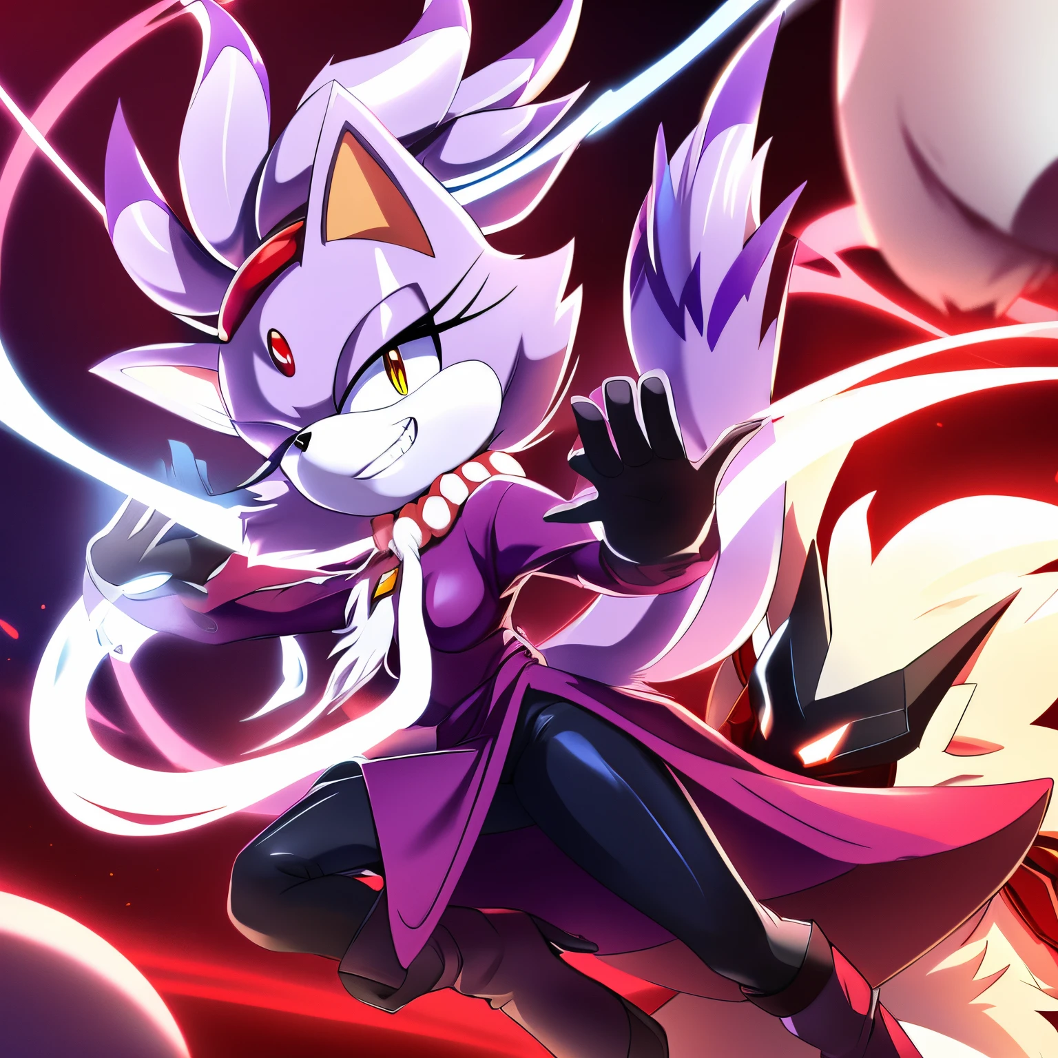 Blaze the Cat, (((mane of white fur around neck))), red version of her usual dress, black leggings, red heeled boots, villain version, grin, anime style