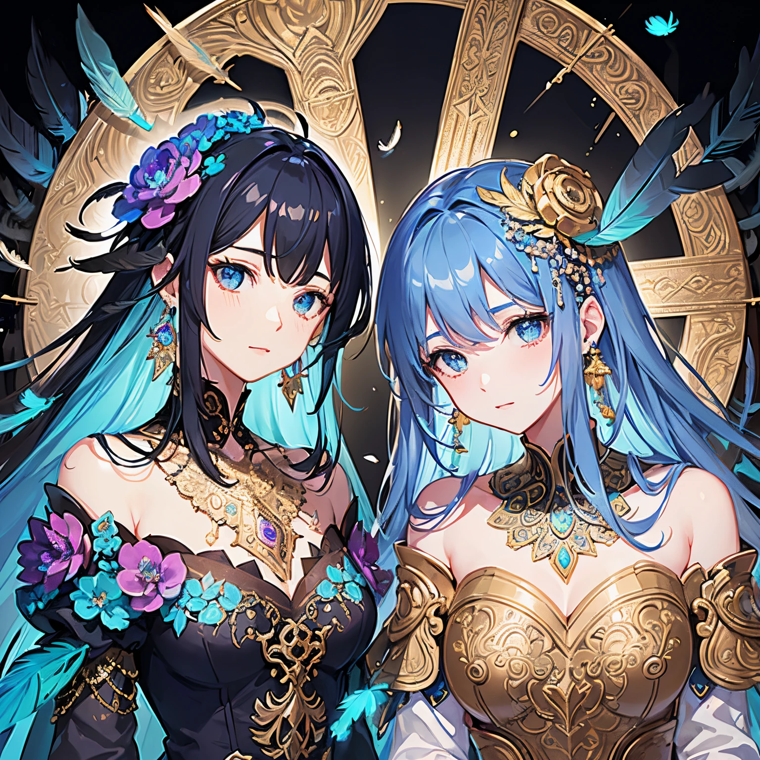 Various angles, gentle look, soft look, kind eyes, small breasts, bare shoulders, indigo hair, colored feathers, metal ornaments, colored flowers, particles, rays, (masterpiece, highest quality, highest quality, official art, beautiful and aesthetic: 1.2), (1 girl: 1.3), highly detailed, (fractal art: 1.1), (colorful: 1.1) (flower: 1.3), best detail, (Zentangle: 1.2), (Dynamic Pose), (Abstract Background: 1.3), (Glossy Skin), (Many Colors: 1.4), (Earrings: 1.4), (Feathers: 1.4)