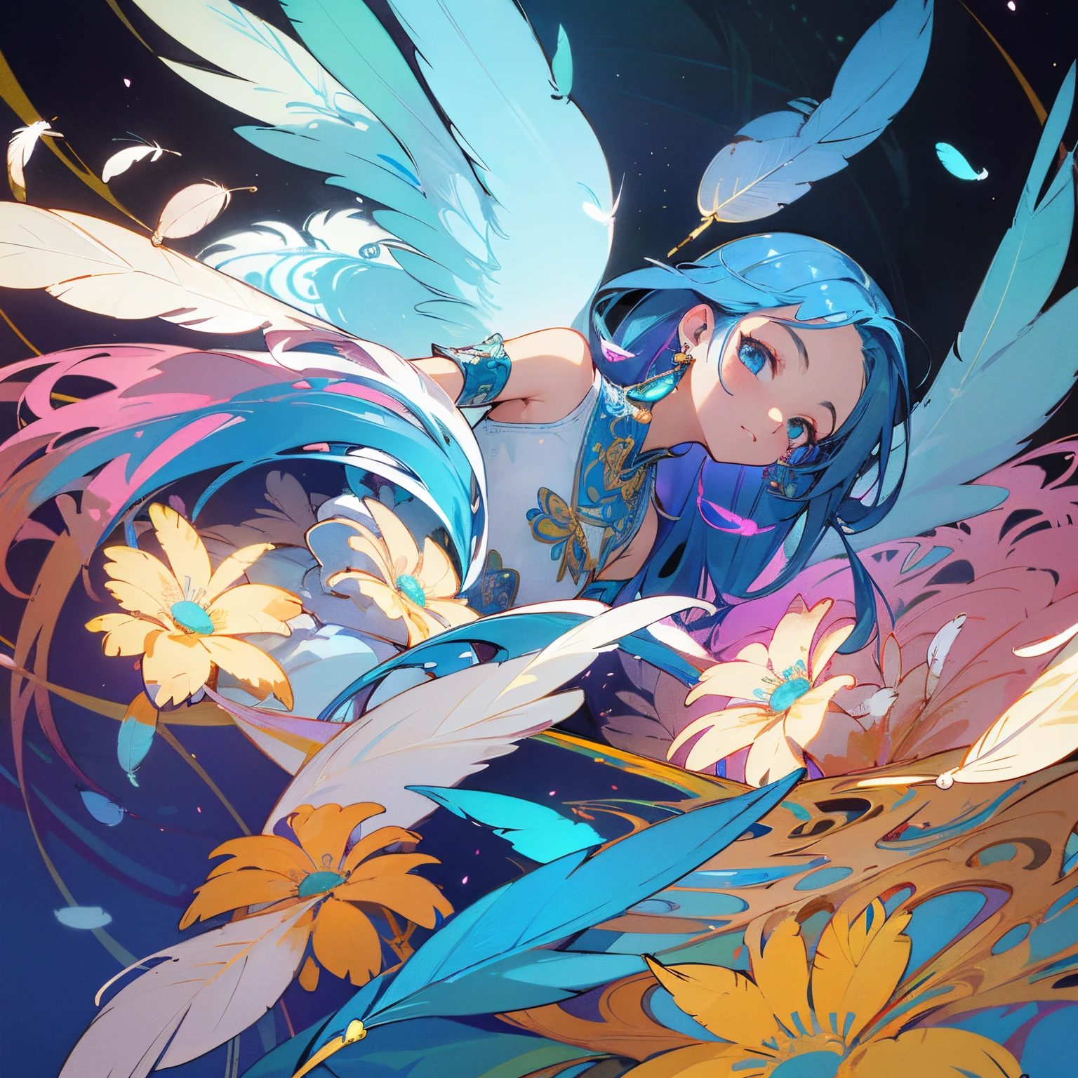 Various angles, gentle look, soft look, kind eyes, small breasts, bare shoulders, indigo hair, colored feathers, metal ornaments, colored flowers, particles, rays, (masterpiece, highest quality, highest quality, official art, beautiful and aesthetic: 1.2), (1 girl: 1.3), highly detailed, (fractal art: 1.1), (colorful: 1.1) (flower: 1.3), best detail, (Zentangle: 1.2), (Dynamic Pose), (Abstract Background: 1.3), (Glossy Skin), (Many Colors: 1.4), (Earrings: 1.4), (Feathers: 1.4)