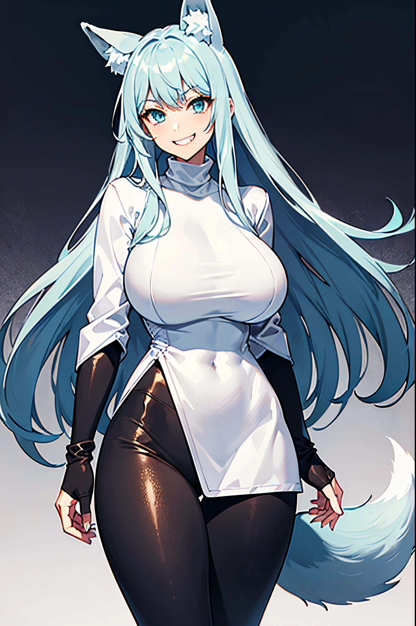 Long light blue hair, Japanese, gigantic chest, tight clothing, (black leggings:1.2), (white turtleneck:1.6), big thighs, sadistic grin, (Fox girl:1.2), half body, big eyes