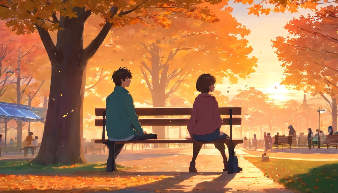 Fall Colors, man and woman sitting at bench in a park, Hair Blowing in wind, sunset, city view behind park, the park is decorated for Thanksgiving, pumpkins are in the park, kids playing in the park,