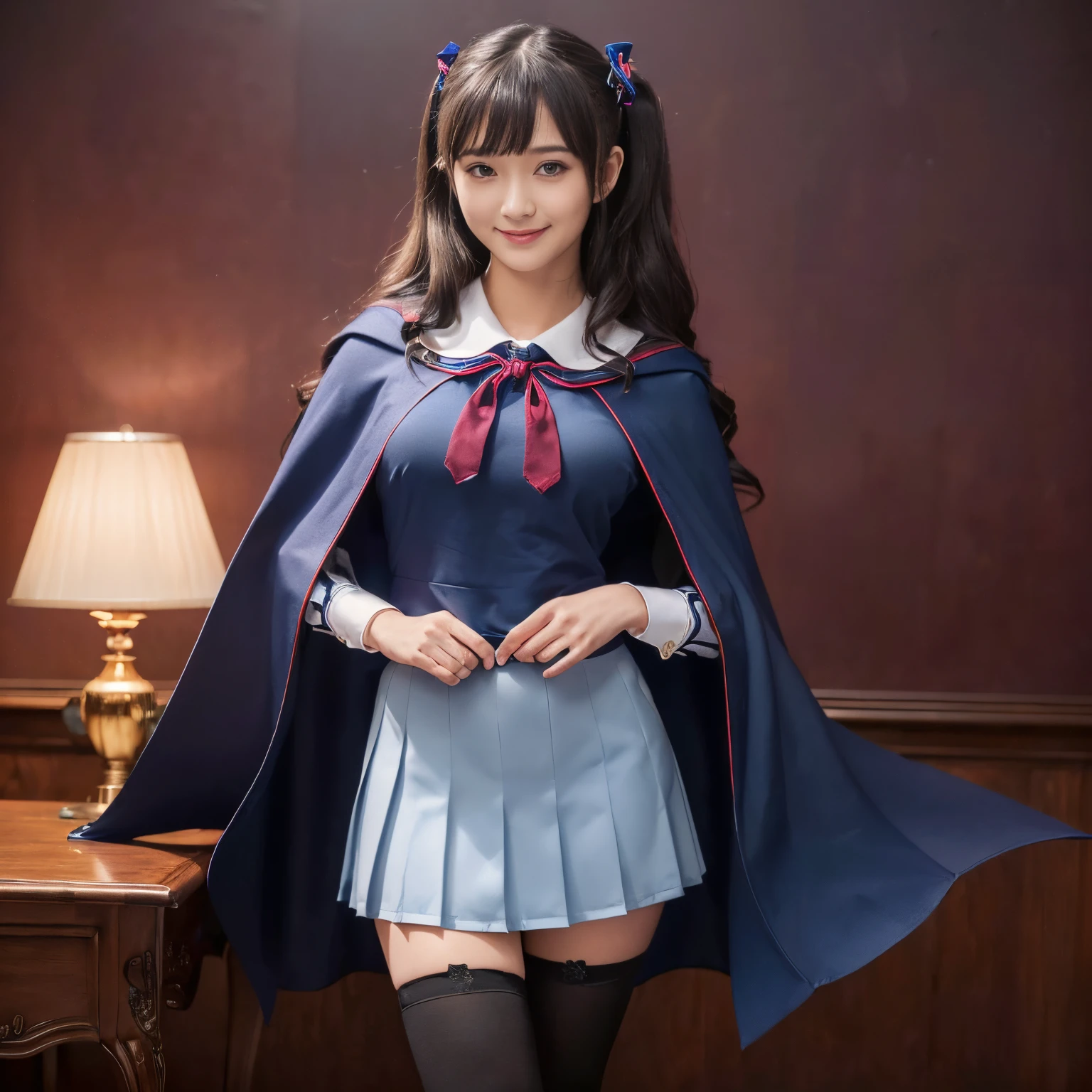 ((top-quality、masutepiece、8K、Top image quality、Very complex and detailed details))、((1 high school girl、dark blue cloth cape、bordeaux ribbon、dark blue cape、piping、blouse、European school uniform style))、bulging chest、shoot from her lap、Smiling face at the camera、Twintails with wavy、standing in a luxury hotel