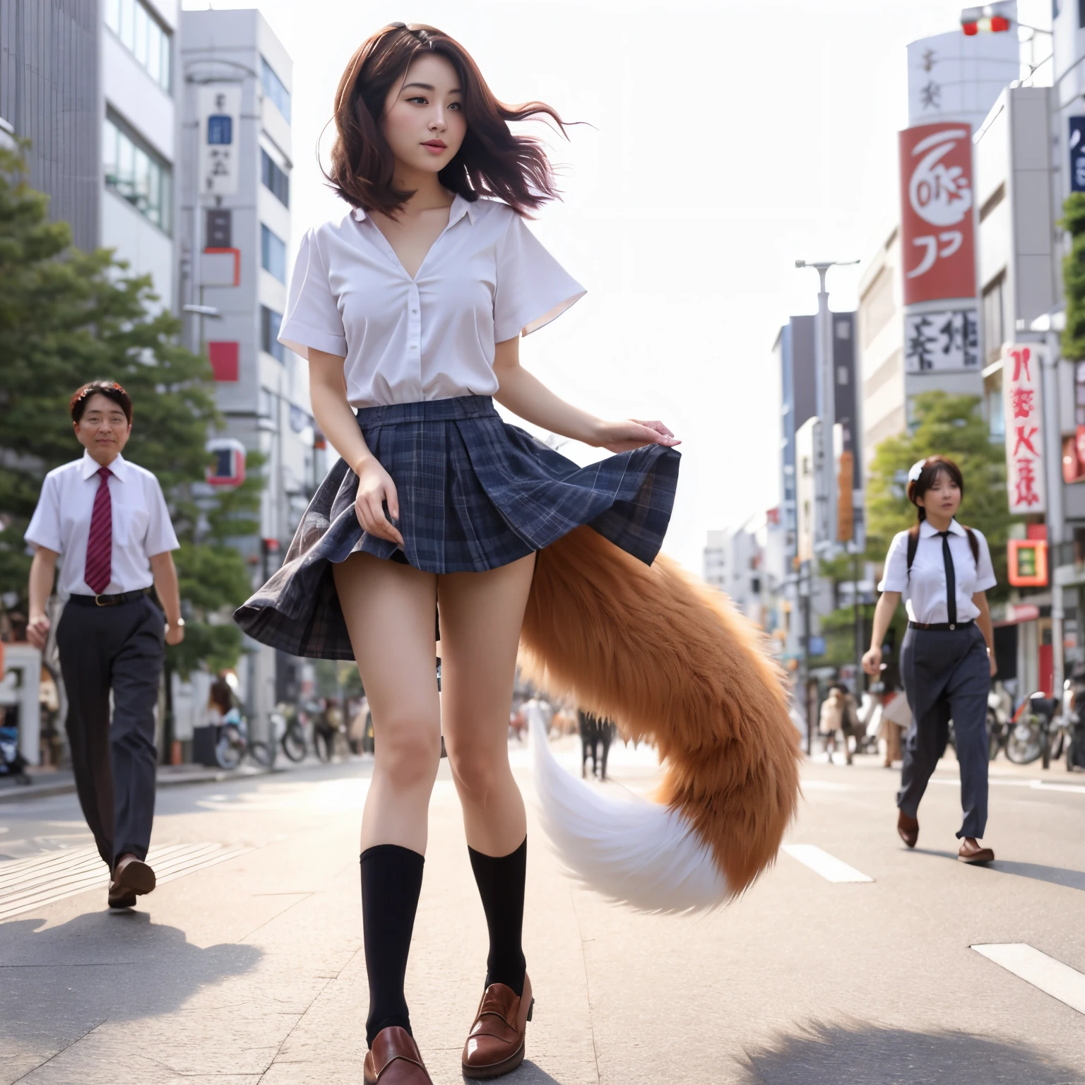 A woman walking down the road in a skirt and fox tail, Fox tail, foxgirl, Furry tail, female furry mini cute style, fluffy tail, Surreal Women, Ginza pedestrian paradise, tokyo prefecture, a picture, Hair that flutters in the wind, A skirt that flutters in the wind, top-quality, White blouses, slender, tail, Eight-headed body, a small face