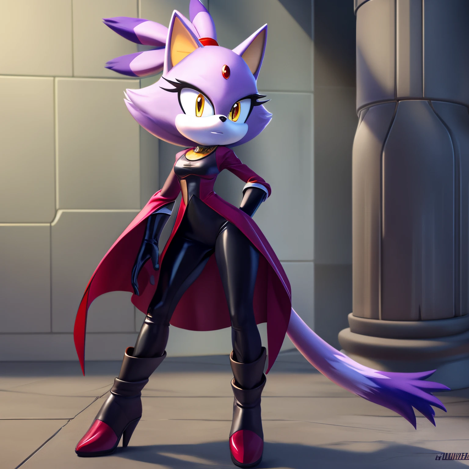 Blaze the Cat, large mane of white fur, red version of her dress, black leggings, red heeled boots, villain