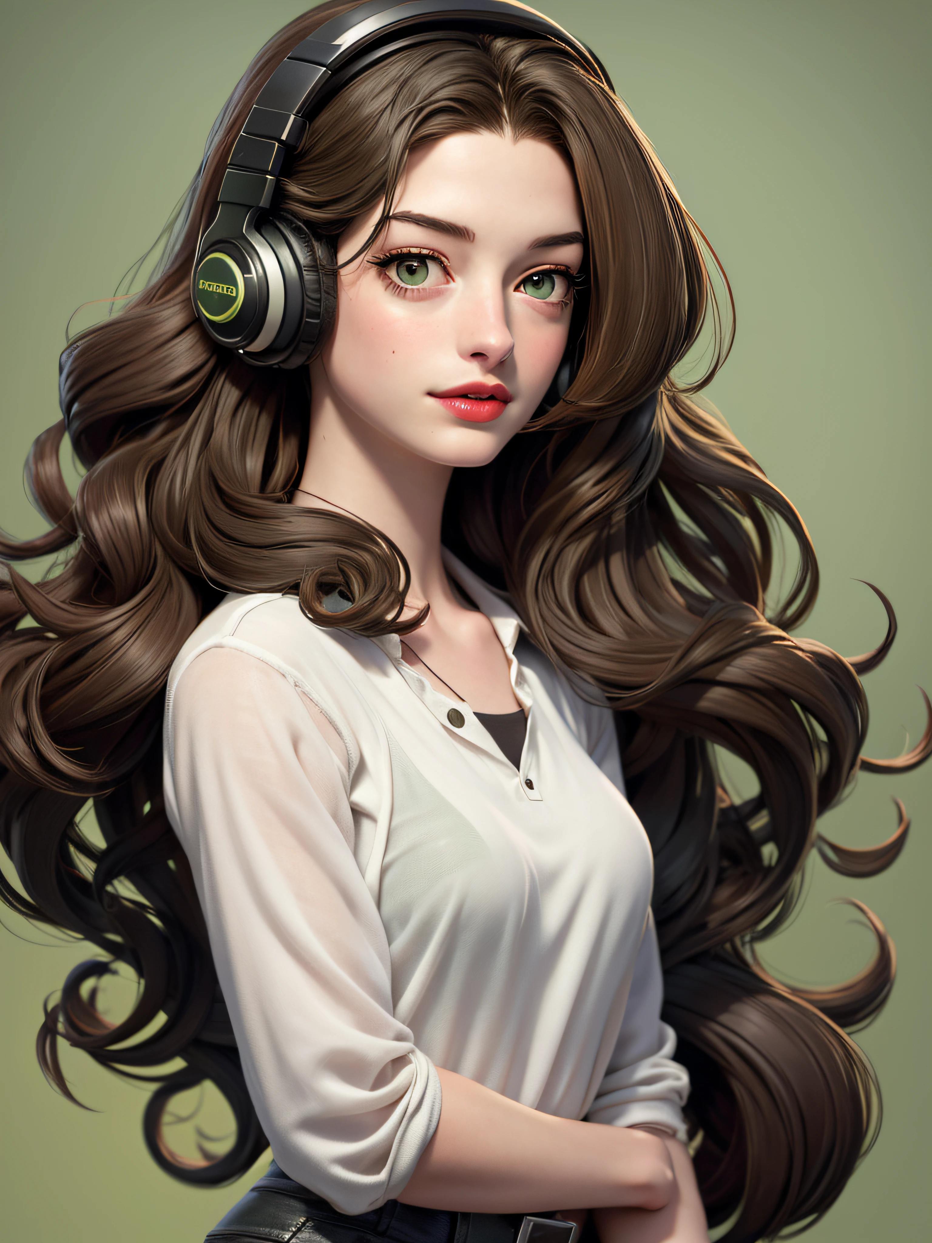 young girl, 16 years (Anne Hathaway :1.1) red lips, green eyes, listen to music, headphones, long curly hair, Art by Ray Shark