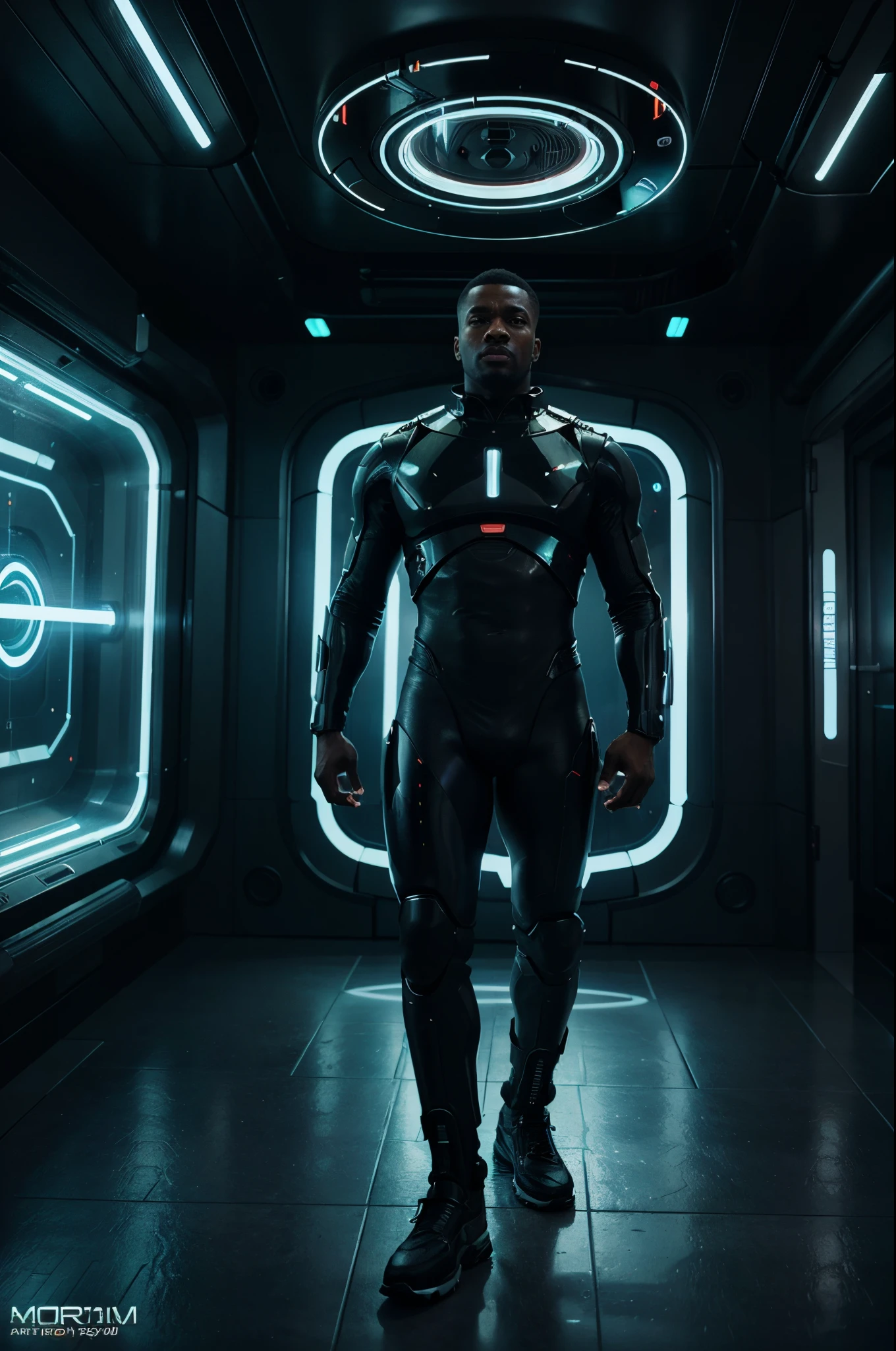 A wide angle shot of black man standing in a futuristic sci-fi room full of circular neon lit rotating machines, sci-fi art, surrealism, artgerm style, 32k, ultra HD, unreal engine rendered, hyper-realistic image,