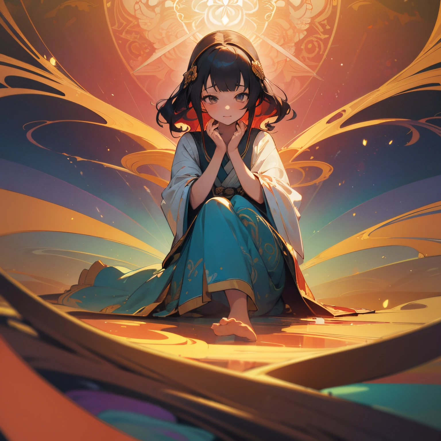 (masterpiece, top quality, best quality, official art, beautiful and aesthetic:1.2), (1girl:1.3), (fractal art:1.3), high resolution, petite, extremely detailed, detailed background, abstract background, multicolored background, cinematic lighting, illustration, solo, active pose, kareido (kaleidoscope), (thangka apsaras:1), divinity, light rays, hair ornament, sitting, lotus, geometry, figure four sitting, bangs, okappa, wavy hair, quin tails, pov,