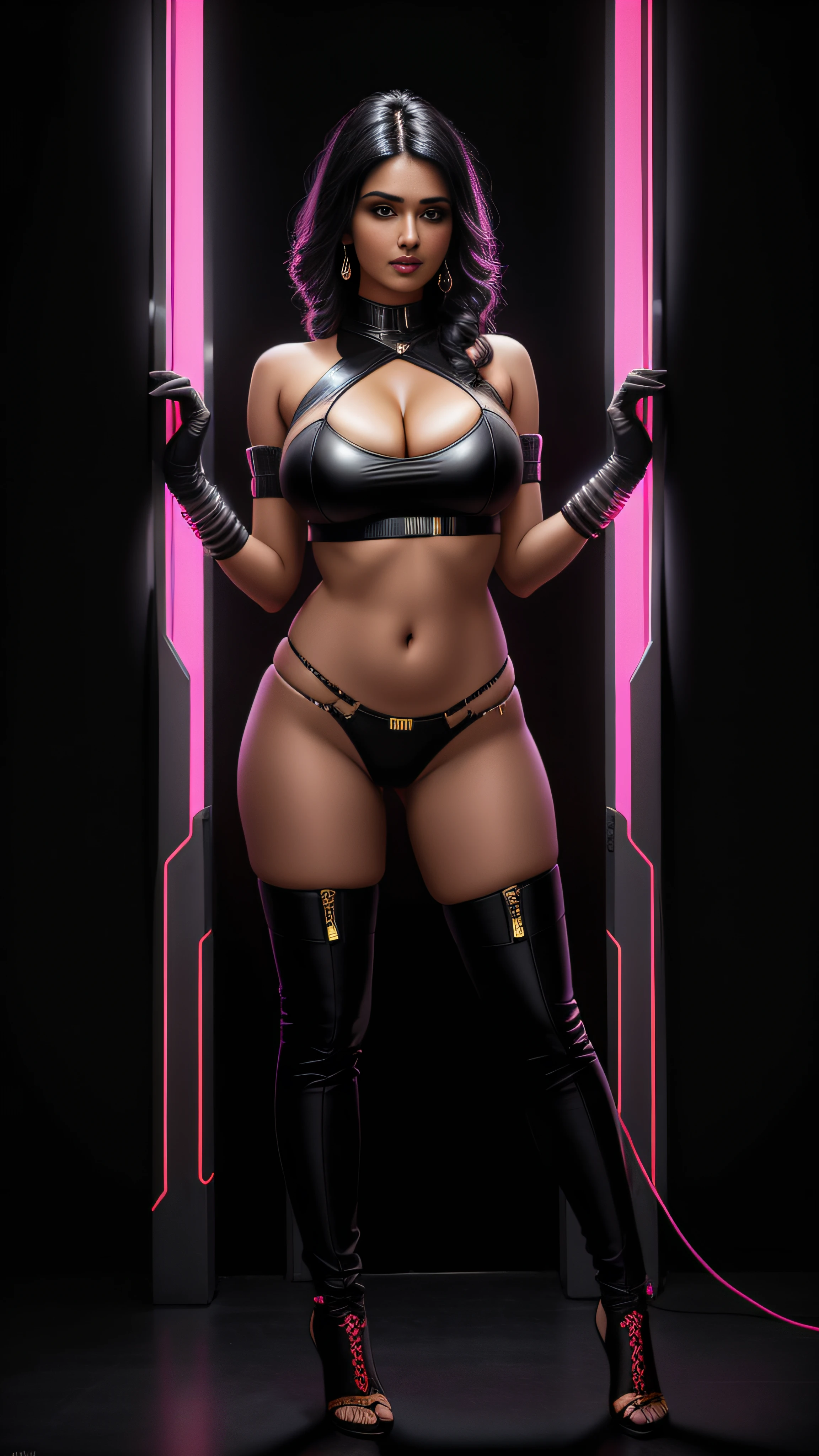 there is an indian woman standing, 3 d neon art of a womans body, neon-noir background, cyberpunk femme fatale, seductive cyberpunk dark fantasy, cyberpunk strip clubs, cyberpunk 20 y. o model girl, oppai cyberpunk, banner, high definition cgsociety, cgsociety masterpiece, trending on cgstation, kda, random hair, looking at camera, gigantic breasts, cleavage, (high detailed skin:1.2), 8k uhd, dslr, super lighting, high quality, film grain, high res, highly detailed, hyper realistic, beautiful face, beautiful body, beautiful eyes nose lips, alluring expression, very bold, upper boobs visible, full body photo, standing legs apart, pale translucent glowing skin, most beautiful face, cute, (dark plain black background:1.4))