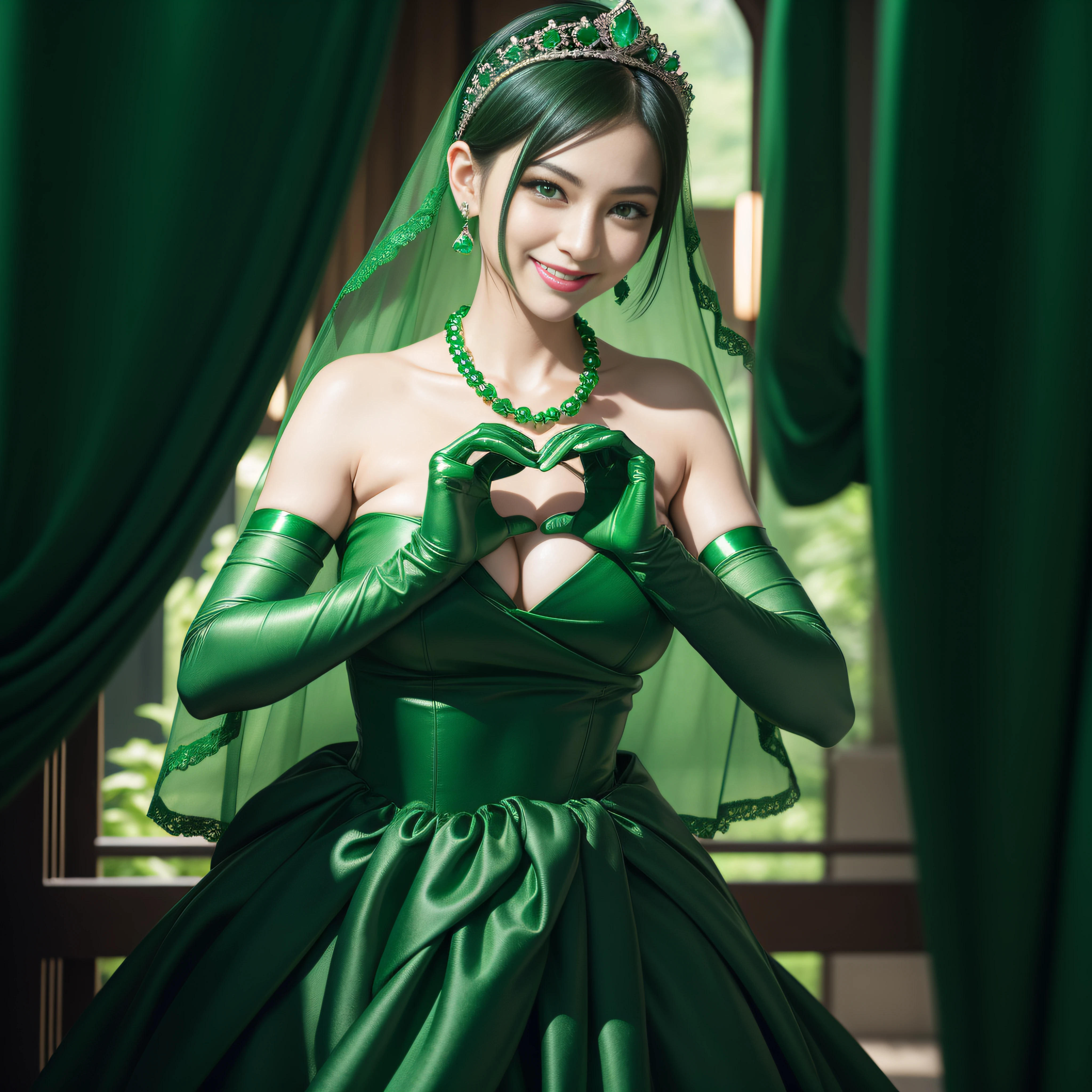 emerald tiara, Green Pearl Necklace, Boyish very short black hair, lipsticks, Japan woman smiling, very short short hair,  big breasts beautiful, Green eyes, Long green gloves made of satin material, Green eyes, Emerald Earrings, green vale, Heart with both hands