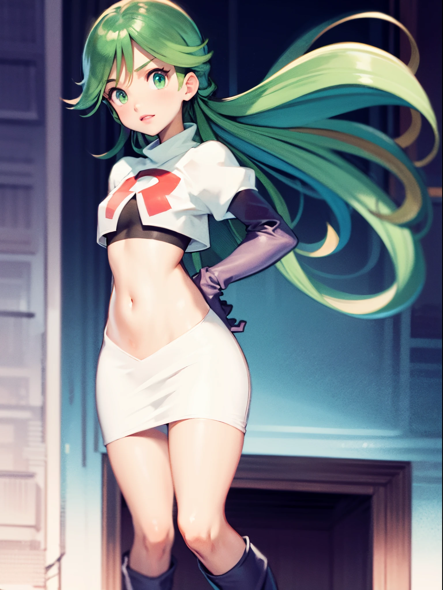 zodiac_mallow, lovely small breasts, solo, green hair, dark skin, twin tails, pink flower in hair,team rocket,team rocket uniform,white skirt,crop top,black thigh-high boots,black elbow gloves,