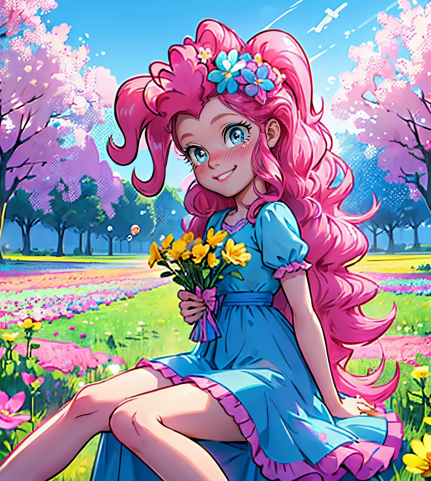 My little pony pinkie pie, pinkie pie, pinkie pie in the form of a girl, long dark pink hair, blue eyes, long pink and blue frilly dress, white frilly thigh high, small pink heels, blue sky, pink clouds, ((sitting in a pink and blue flower field)), staring at viewers, (light pink skin 1.5), soft blush, happy smile, soft smile, holding flowers, blue balloons flying everywhere, ((sunrise 1.0)), highly detailed lighting, yellow light, in a beautiful flower field, pink and blue flowers everywhere, blue eyeshadow (( BLUE EYES 2.0 )), flowers everywhere, SITTING UNDER A TREE HOLDING FLOWERS, pink skin, bubbles and ballon all around