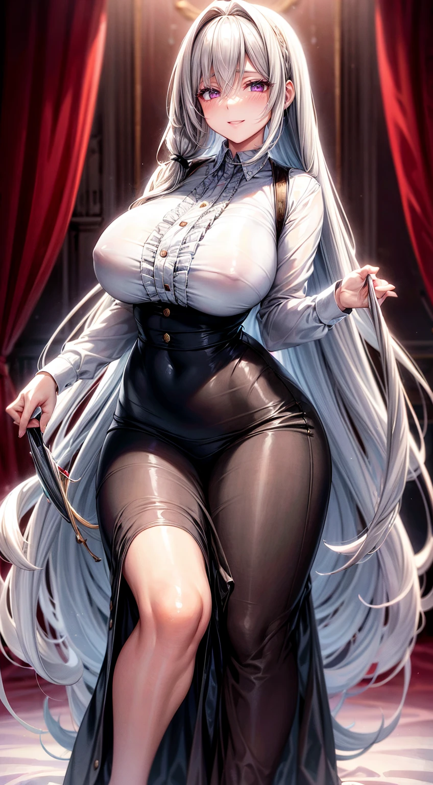 (masterpiece) (best quality) (HD), white hair+ very long and straight + loose hair, silky and smooth + hair strand, deep violet eyes, beautiful eyelashes + mature + serene smile, hourglass body + soft and supple + cheeks are rosy + nose is delicate + inviting + skin is smooth and radiant + legs are slender and supple, + homely + breasts, frilly long skirt, button shirt, casual clothing, slight blush