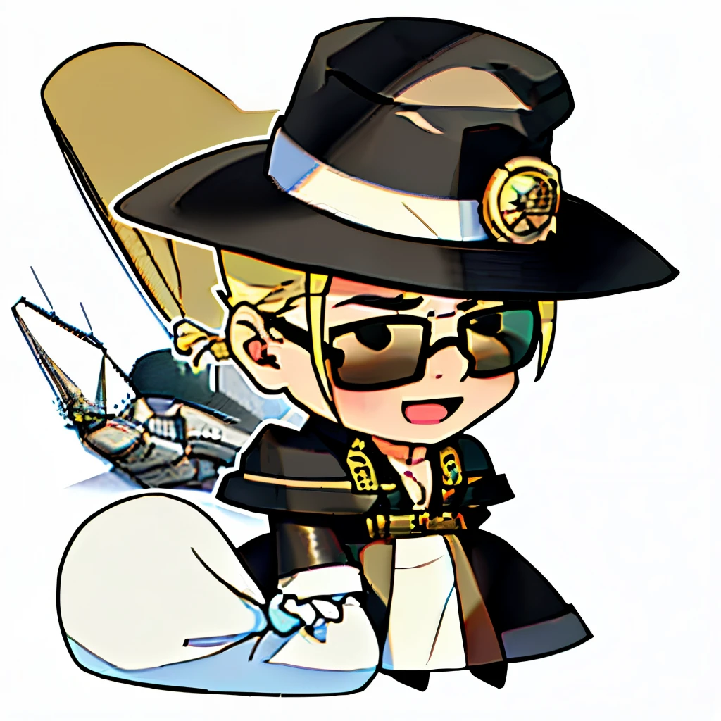 masterpiece, best quality, highres, PadoruMeme, 1boy, solo, 1sack, (detailed white sack:1.5), (holding sack:1.3), Johnny, (black clothes:1.6), :d, blonde hair, low ponytail, (sunglasses:1.3), brown gloves, Johnny, ( perfect cowboy hat:1.5), (Open coat:1.4), (perfect pectorals:1.5), full body, (airship background:1.5)