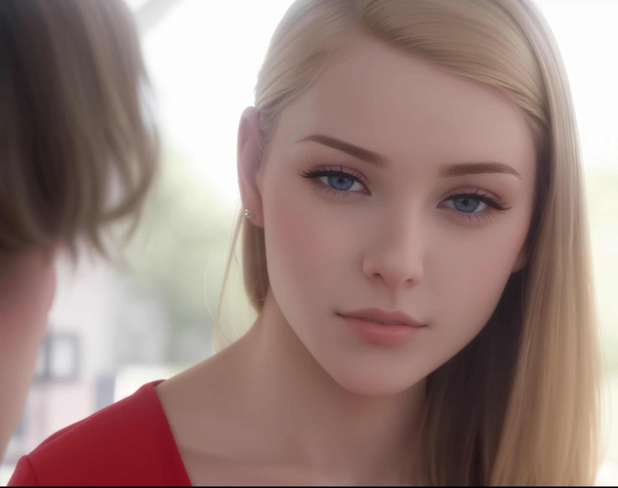 blonde woman looking at her cell phone while standing in front of a man, soft portrait shot 8 k, looking to the side off camera, stunning closeupheadshot, alexa grace, youtube video screenshot, very pretty face, she has a distant expression, hyperrealistic teen, closeup headshot, middle close up shot, screenshot from a movie, a close up shot