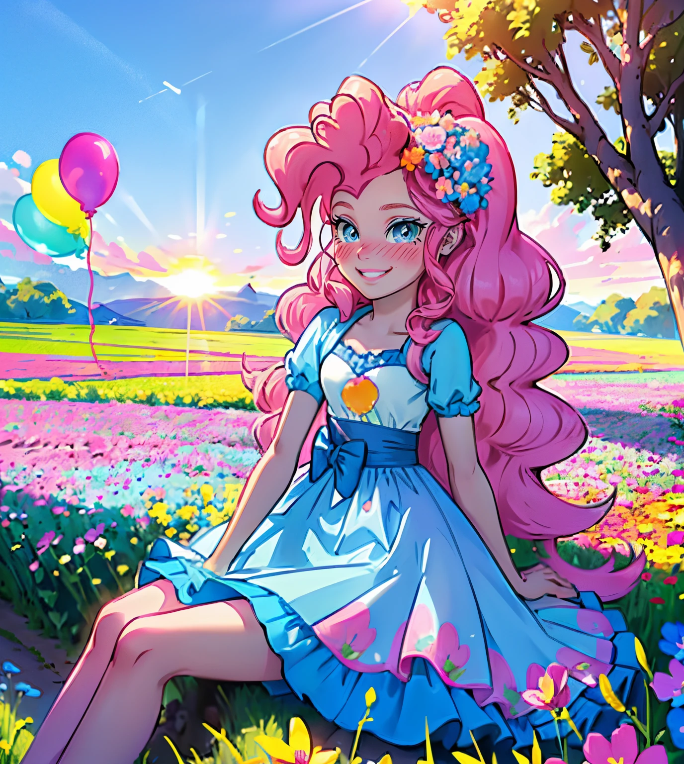 My little pony pinkie pie, pinkie pie, pinkie pie in the form of a girl, long dark pink hair, blue eyes, long pink and blue frilly dress, white frilly thigh high, small pink heels, blue sky, pink clouds, ((sitting in a pink and blue flower field)), staring at viewers, (light pink skin 1.5), soft blush, happy smile, soft smile, holding flowers, blue balloons flying everywhere, ((sunrise 1.0)), highly detailed lighting, yellow light, in a beautiful flower field, pink and blue flowers everywhere, blue eyeshadow (( BLUE EYES 2.0 )), flowers everywhere, SITTING UNDER A TREE HOLDING FLOWERS, pink skin, bubbles and ballon all around