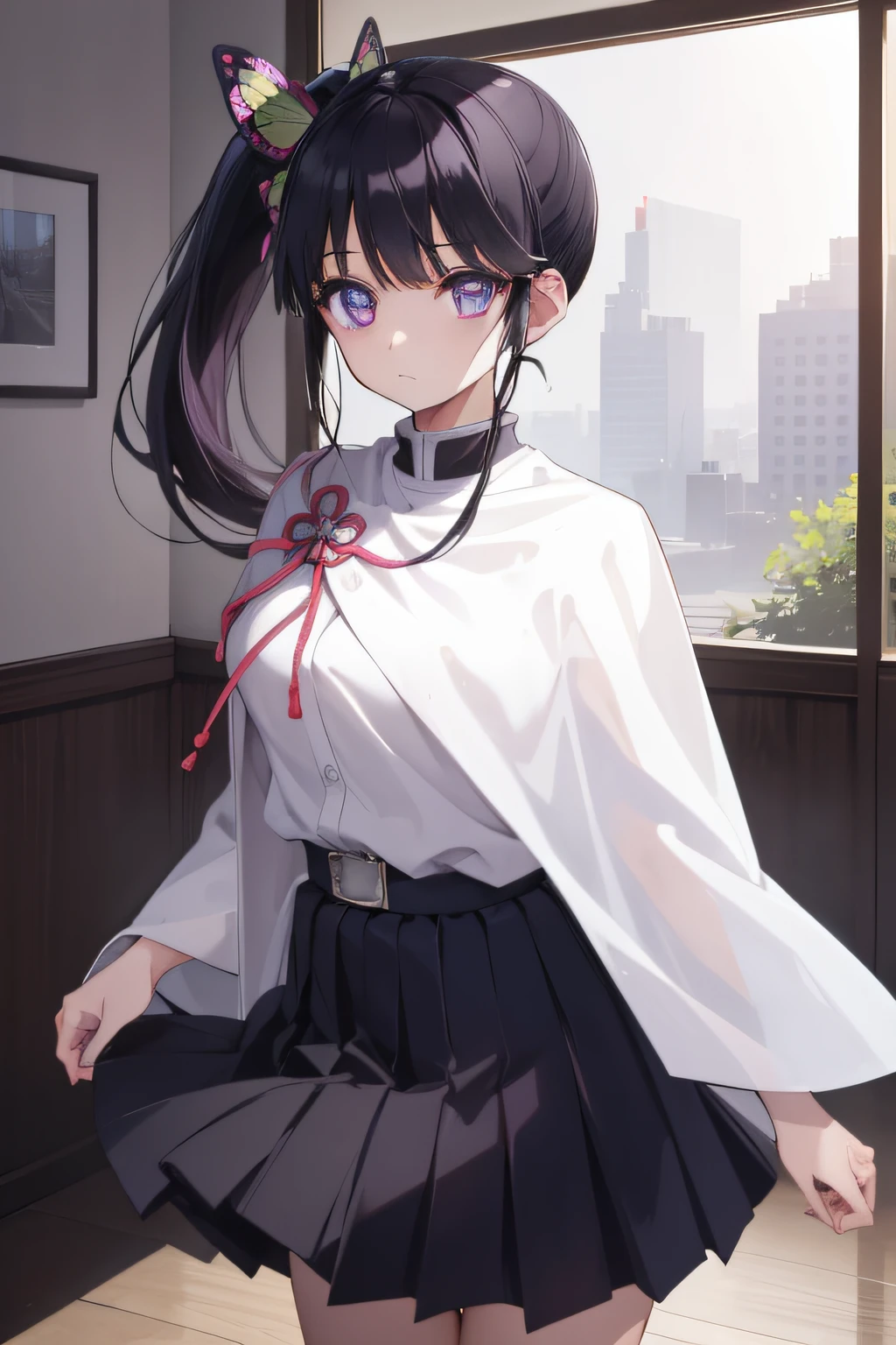 Kanaotsu Yuri, Kanao Tsuyuri, Black hair, butterfly, butterfly hair ornament, (Purple eyes:1.1), Side Ponytail, Ponytail,
Blake Black Skirt, Cape, demon slayer uniform, Long sleeves, Pleated skirt, Skirt, white cape,
BREAK looking at viewer,
Break indoors, crass room,
BREAK (masutepiece:1.2), Best Quality, High resolution, Unity 8k壁纸, (Illustration:0.8), (Beautiful detailed eyes:1.6), extra detailed face, Perfect Lighting, extremely details CG, (Perfect hands, Perfect Anatomy),