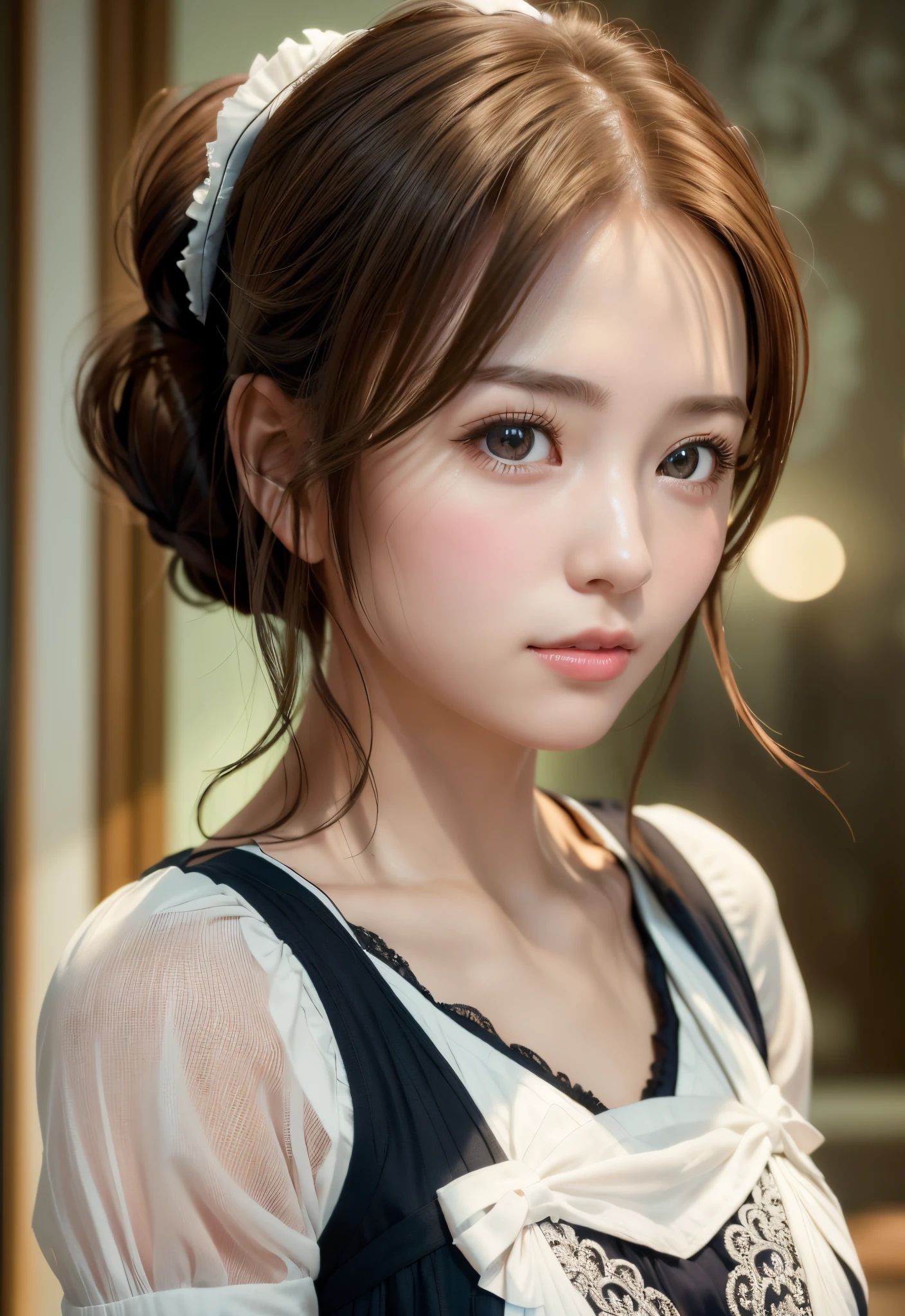 8K, of the highest quality, masutepiece:1.2), (Realistic, Photorealsitic:1.37), of the highest quality, masutepiece, Beautiful young woman, Pensive expression, Gentle expression, Cute Maid Clothes, Hair tied back, feeling radiant, Cinematic background,, Light skin tone