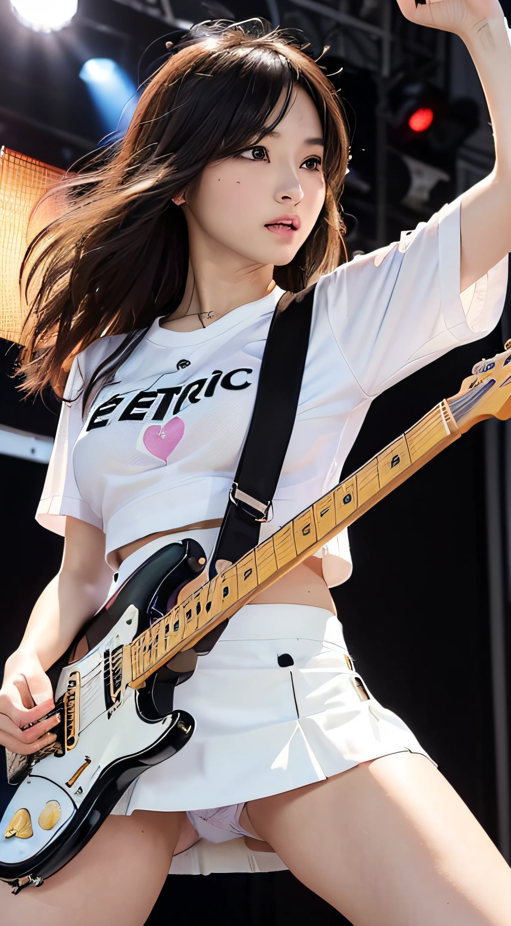 1womanl、japanes、(Super beautiful)、(beauitful face:1.5)、(A detailed face:1.5)、(A detailed eye:1.1)、(Detailed lips:1.1)、(Detailed nose:1.1)、(plays the electric guitar:1.5)、(electric guitar:1.5)、(with spreading legs:1.2)、(Showing white panties:1.4)、(tshirts)、(Black mini skirt:1.5)、(light brown hair:1.1)、(on stage at a rock concert:1.3)、(At SFW:1.1)