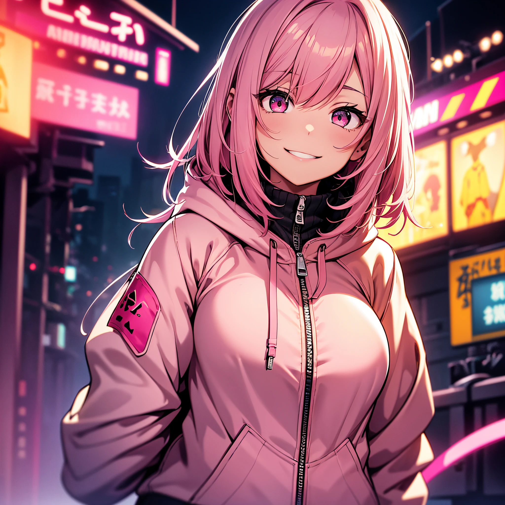 absurderes、one girls、Pink hair、scarlet eyes、a short bob、Enlarged depiction of the upper body、masutepiece、超A high resolution、No background, Thin、Smile and signal、Smile with your mouth wide open、Cute smile、Detailed limb depiction、large size zip up hoodie、Vivid neon background