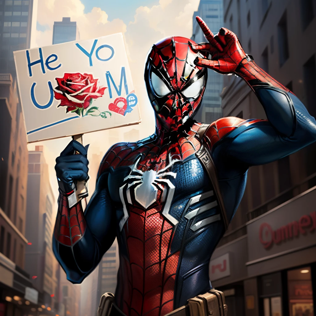 Spider-Man holding up a sign that has the letter m and hello kitty holding up a sign that has the letter j with roses around them in a cartoon style