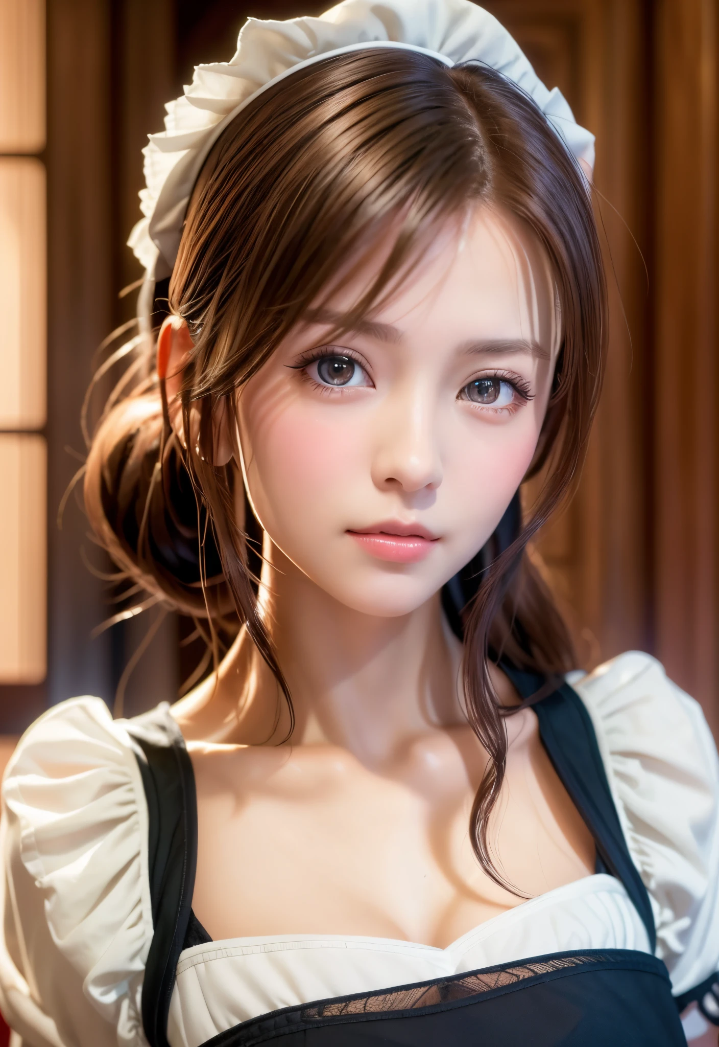 8K, of the highest quality, masutepiece:1.2), (Realistic, Photorealsitic:1.37), of the highest quality, masutepiece, Beautiful young woman, Pensive expression,、A charming、and an inviting look, Cute Maid Clothes, Hair tied back, Cinematic background, Light skin tone