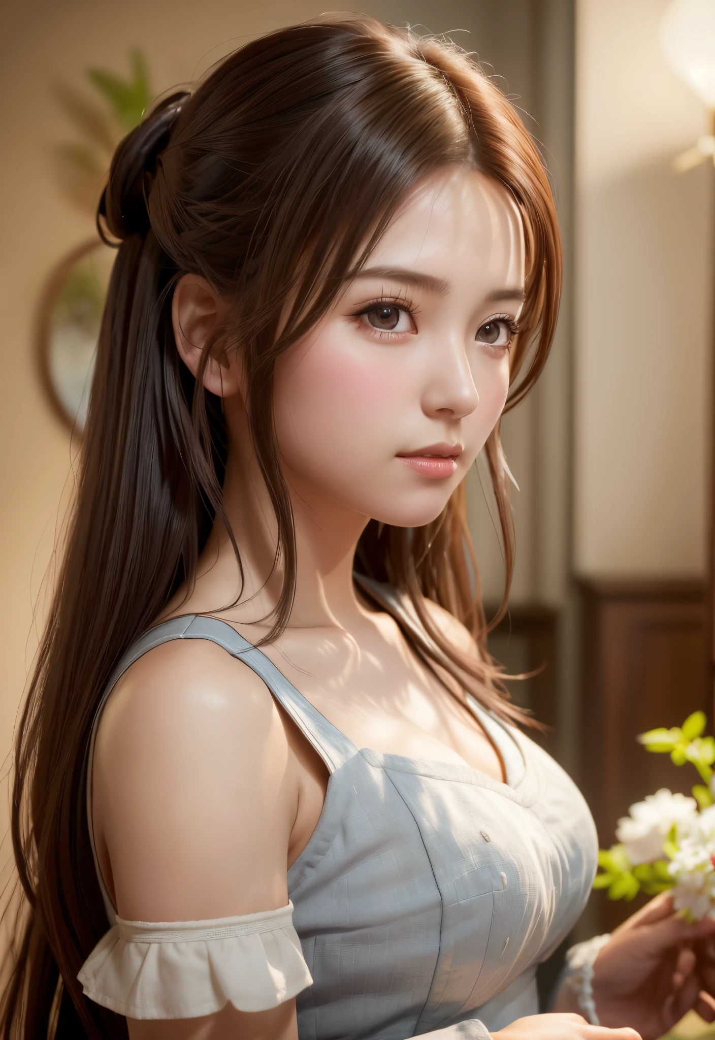 8K, of the highest quality, masutepiece:1.2), (Realistic, Photorealsitic:1.37), of the highest quality, masutepiece, Beautiful young woman, Pensive expression, Gentle look, Cute Maid Clothes, Hair tied back, feeling radiant, Cinematic background,, Light skin tone
